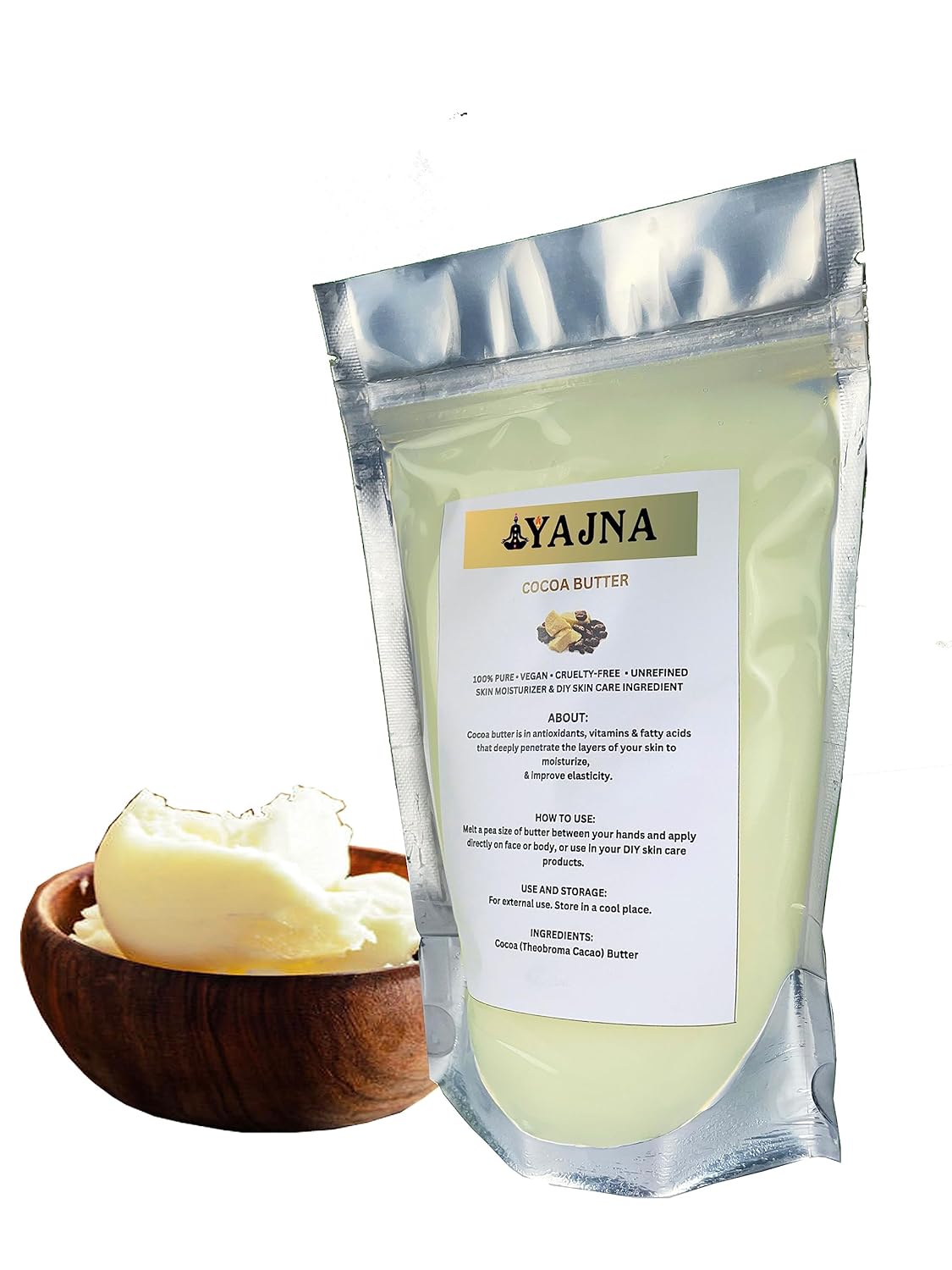 Yajna Manteca de cacao cruda orgánica 100% pura, natural y sin refinar  Hidratante de piel para cara, cuerpo y cabello  1 LBS450 GM marfilblanco