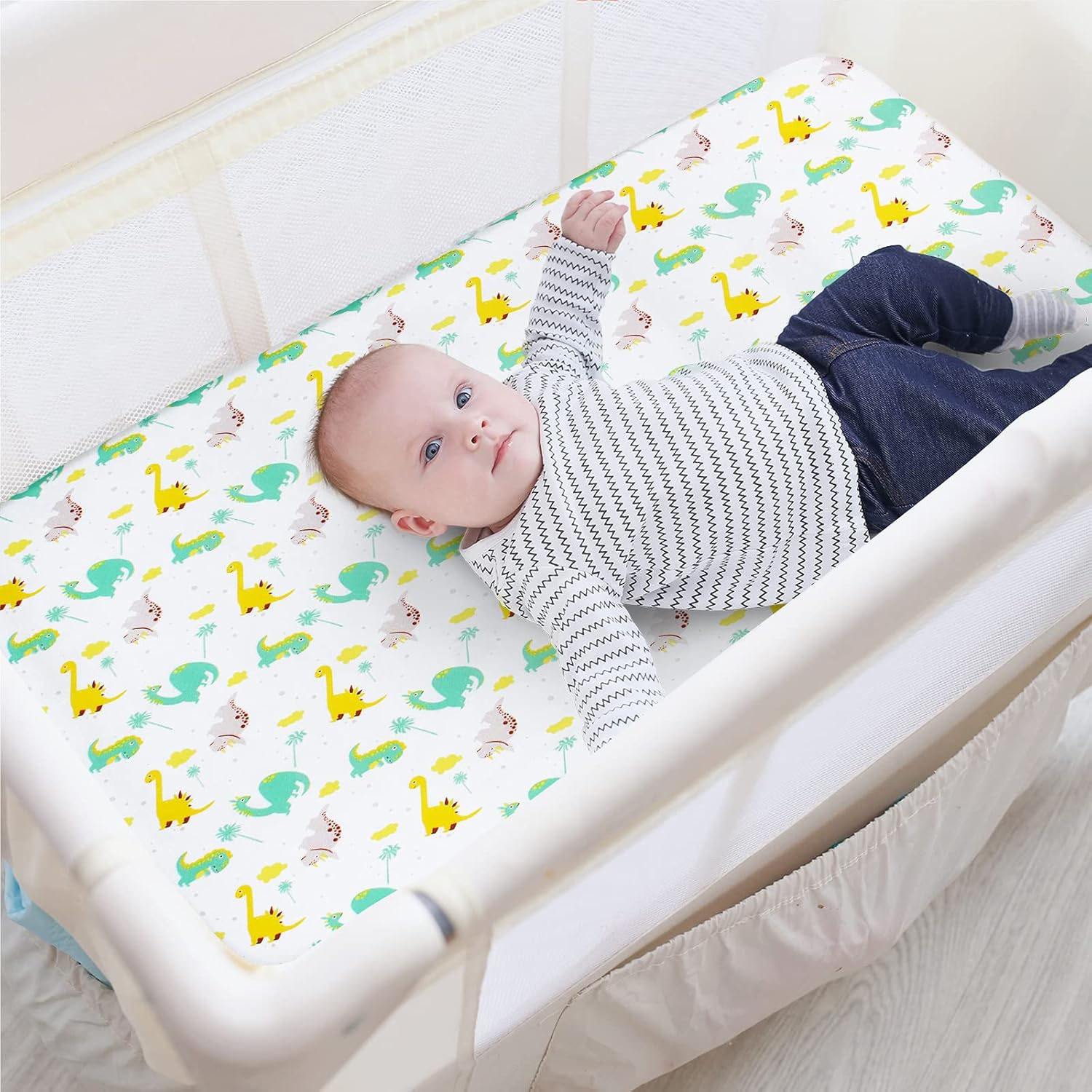 Pack and Play Sheets, paquete de 2 hojas compatibles con Graco Pack n PlayMini Crib, 100% microfibra suave y transpirable, elefante y dinosaurio