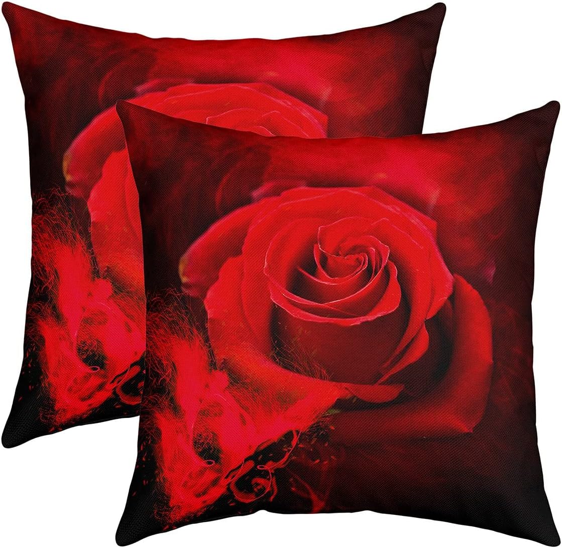 Juego de 2 fundas de almohada para el día de San Valentín de 20 x 20 pulgadas, fundas de almohada con estampado floral de rosas rojas para niñas,