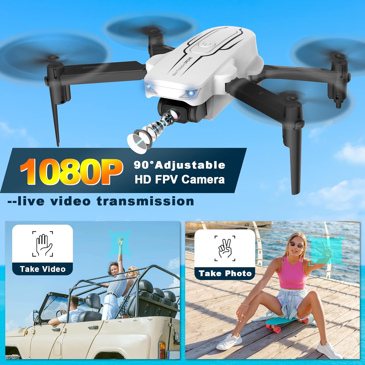 Mini dron con cámara para adultos y niños  Drones con cámara FPV HD 1080P con lente ajustable de 90, selfie de gestos, inicio de una tecla, giros de