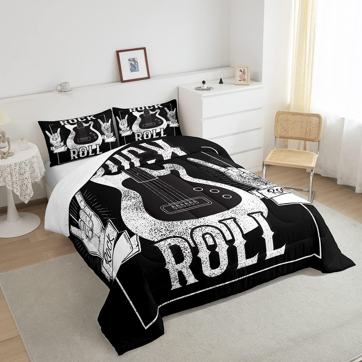 Erosebridal Juego de ropa de cama de guitarra, juego de ropa de cama de música rock, juego de edredón de guitarra eléctrica grunge, edredón con