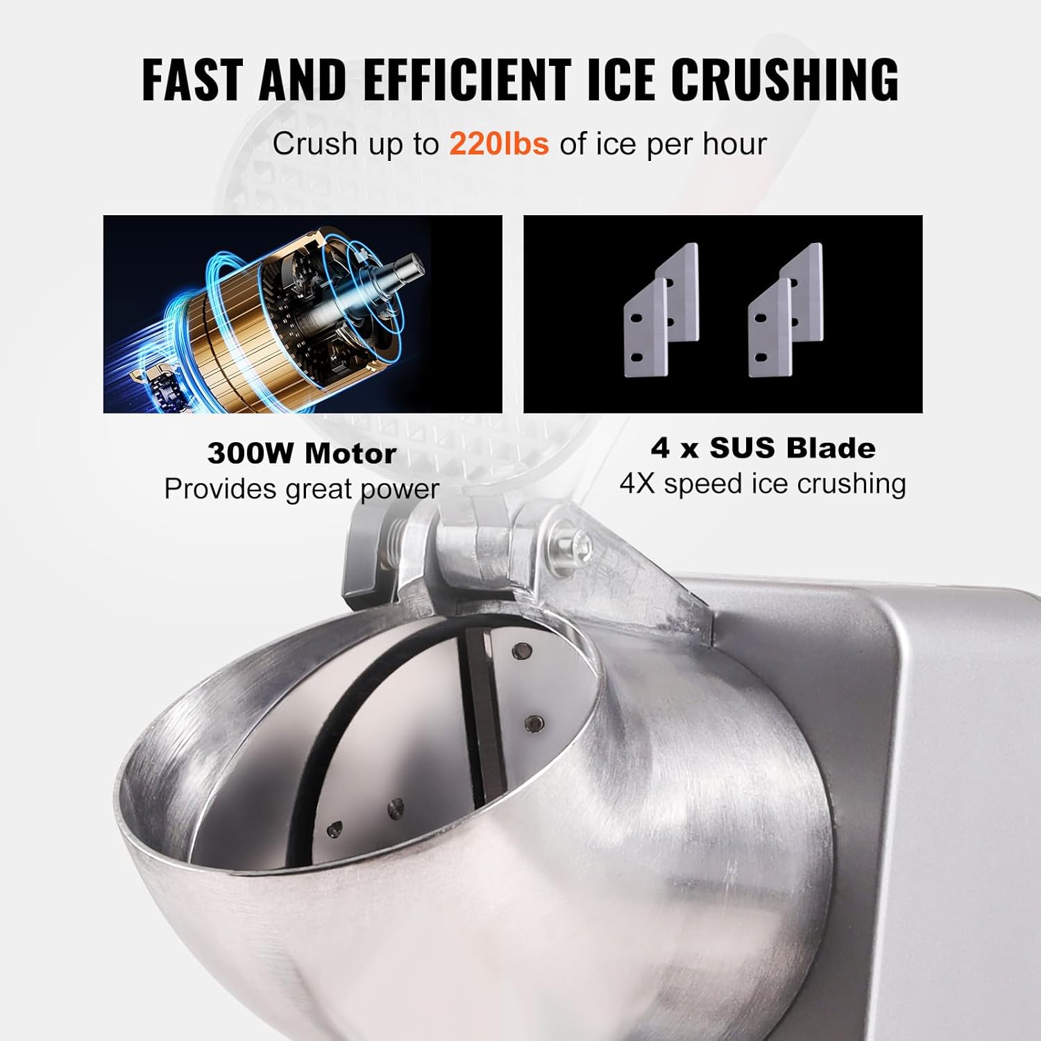 VEVOR Máquina trituradora de hielo, máquina eléctrica de cono de nieve de 220 libras por hora con 4 cuchillas, máquina de hielo afeitado de acero