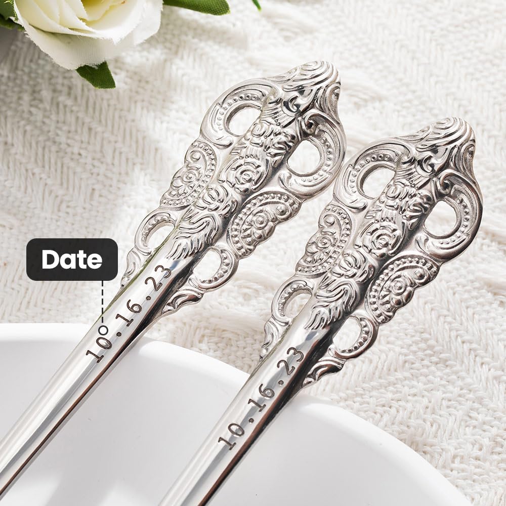 callie Juego de 2 tenedores de boda personalizados con fecha grabados con fecha, cubiertos plateados vintage personalizados resistentes para pastel