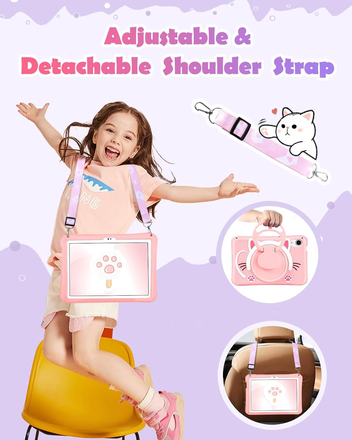 Funda para iPad Mini 6 de 8.3 pulgadas para niñas, diseño de gato kawaii, diseño de caricaturas 3D, con asa giratoria y correa de silicona suave