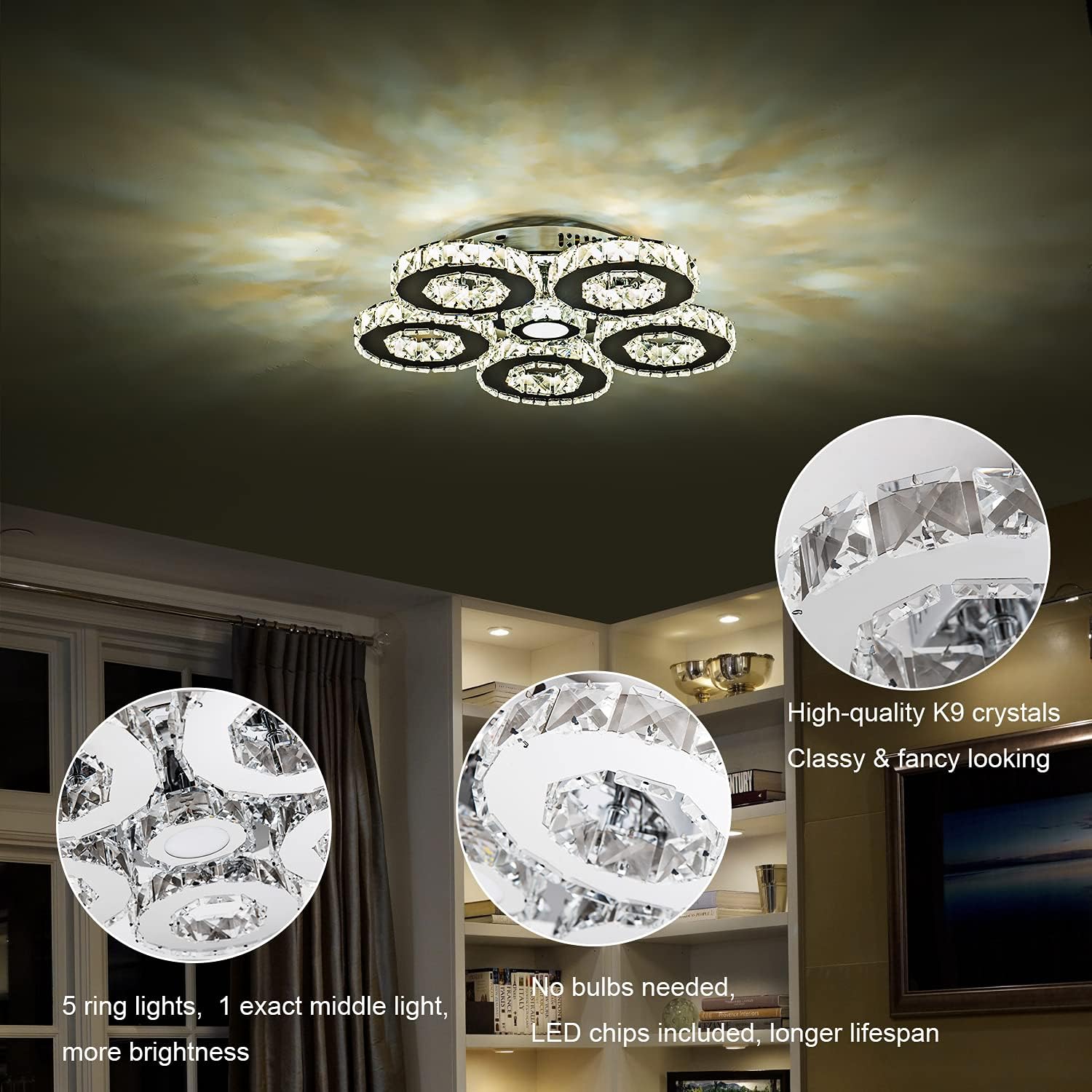 KKMYWAN Lámpara de techo de cristal empotrada LED regulable con control remoto de 5 anillos, lámpara de techo para dormitorio, sala de estar,