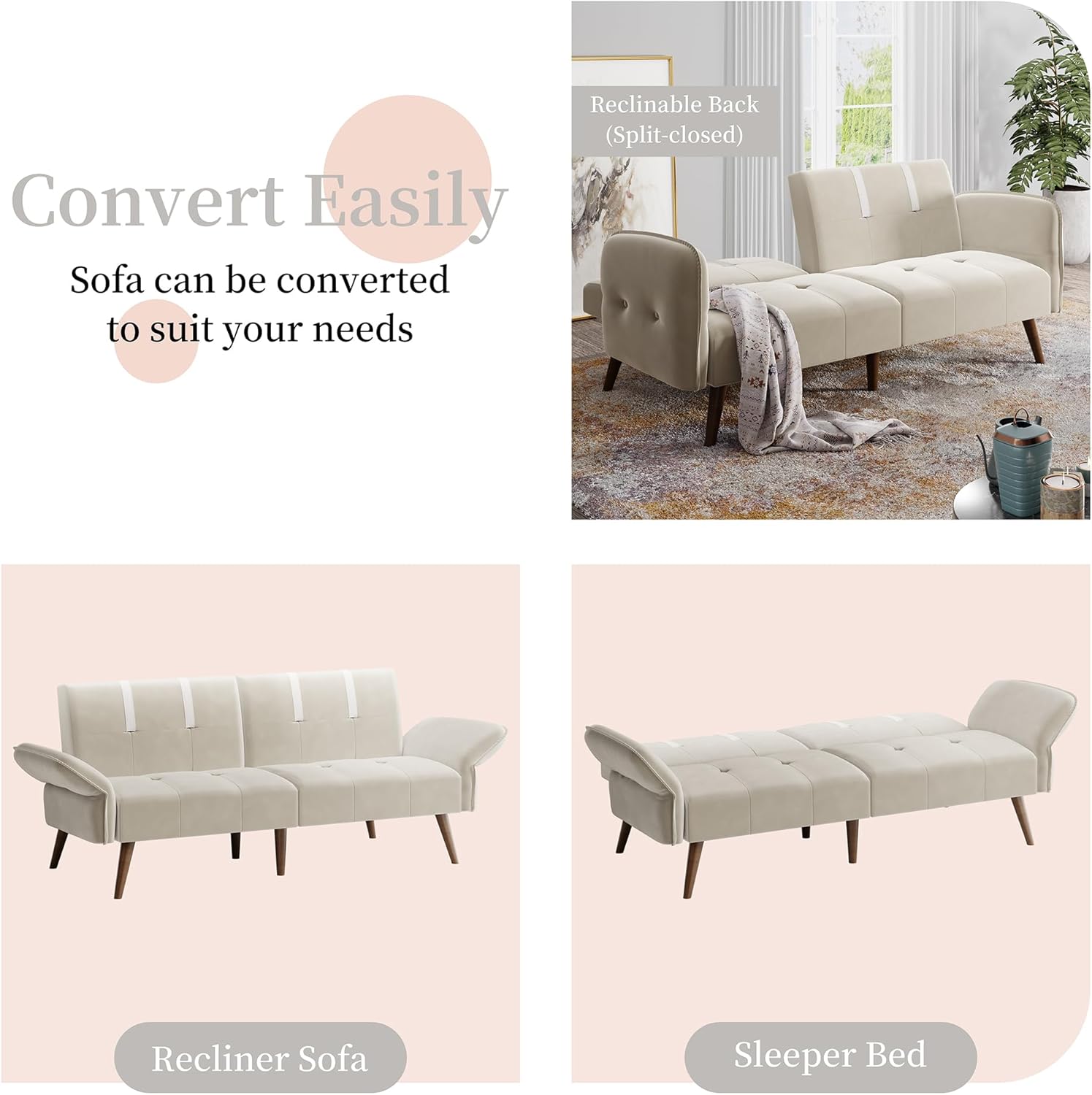 JAMFLY Sofá cama futón de terciopelo de 69 pulgadas, sofá cama convertible con reposabrazos y respaldo ajustables, moderno sofá biplaza para sala de