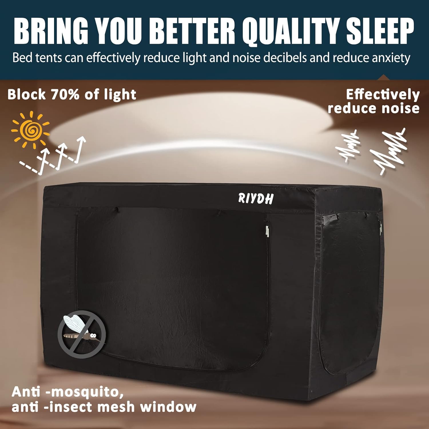 RIYDH Tienda de campaña con dosel de cama individual para adultos, tienda de campaña portátil de ensueño para interiores, 70% de opacidad con 3