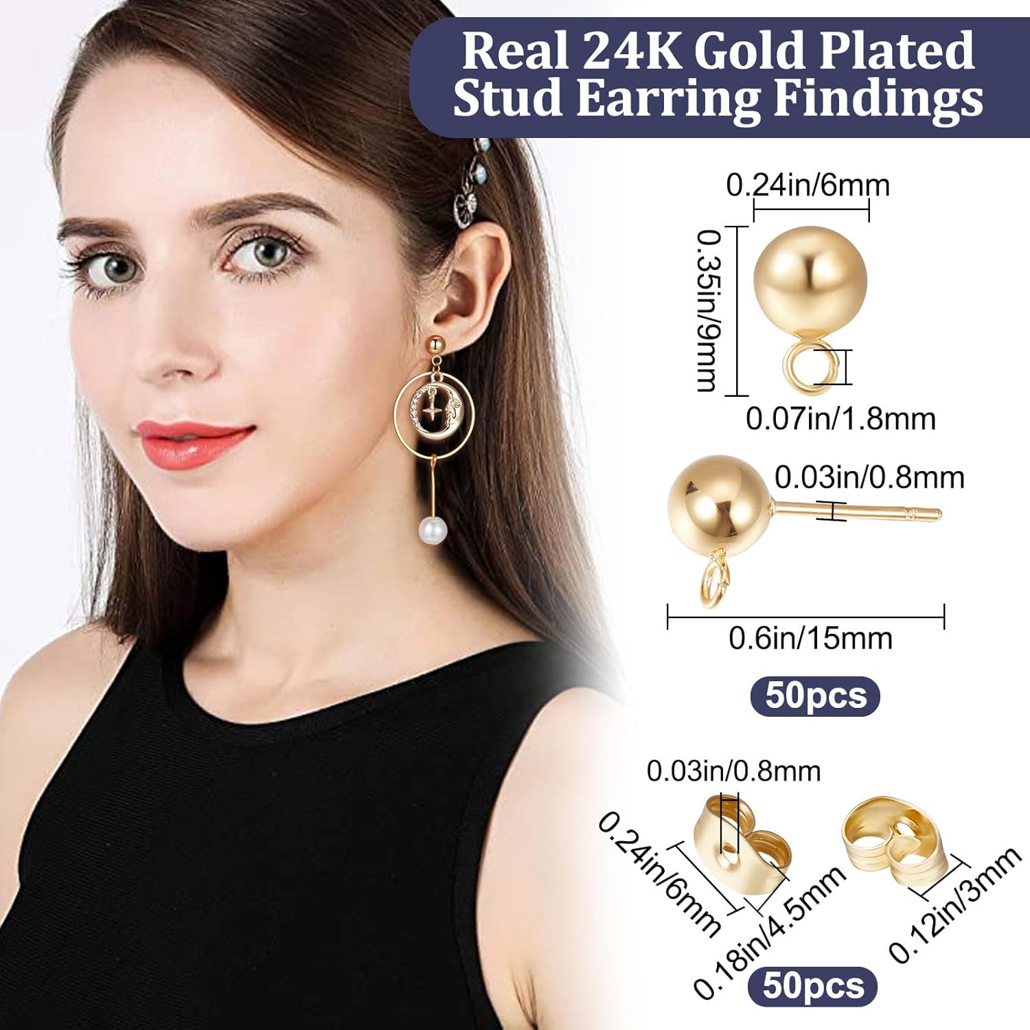 Beebeecraft 1 caja de 50 piezas de aretes de bola chapados en oro de 24 quilates con bucles, componente de pasador de oreja de bola de 0.354 x 0.236