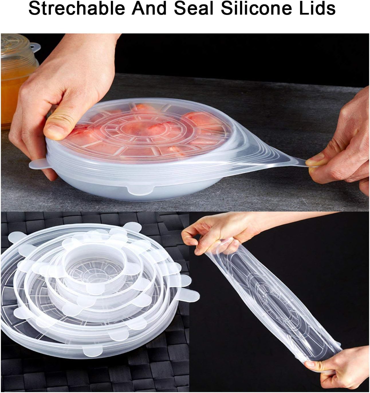 Tapas elásticas de silicona, paquete de 6, fundas de almacenamiento de silicona reutilizables de varios tamaños para cuencos, latas, tarros,