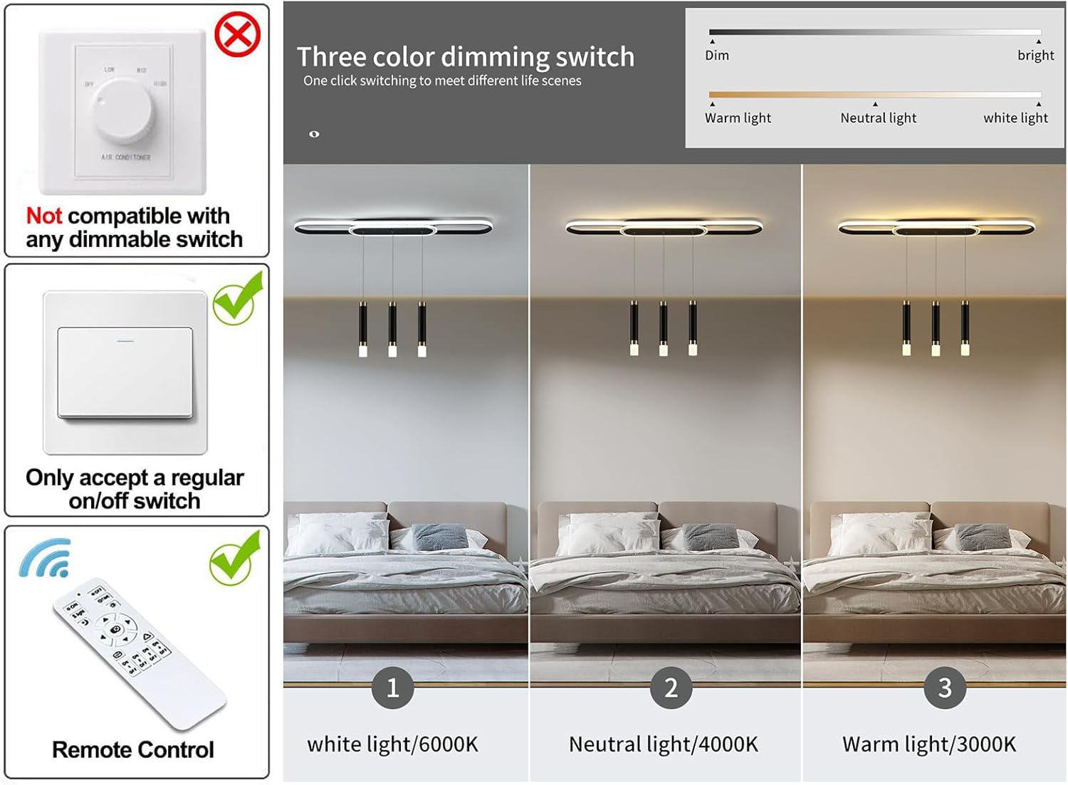 Jaycomey Lámpara LED moderna, lámpara colgante de techo de acrílico regulable de 3 luces con control remoto, lámpara de comedor interior para