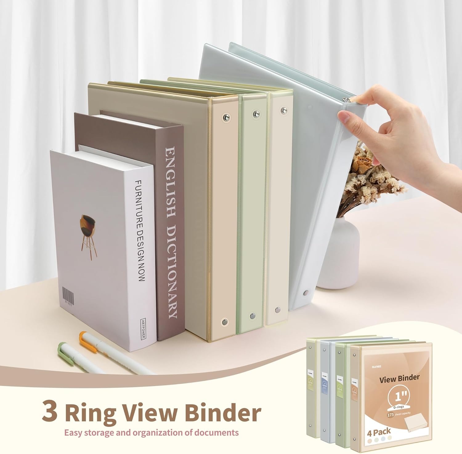 SUNEE Carpeta de 3 anillos de 1 pulgada, paquete de 4 unidades, carpeta transparente de tres anillas, sin PVC (se ajusta a 8.5 x 11 pulgadas) para