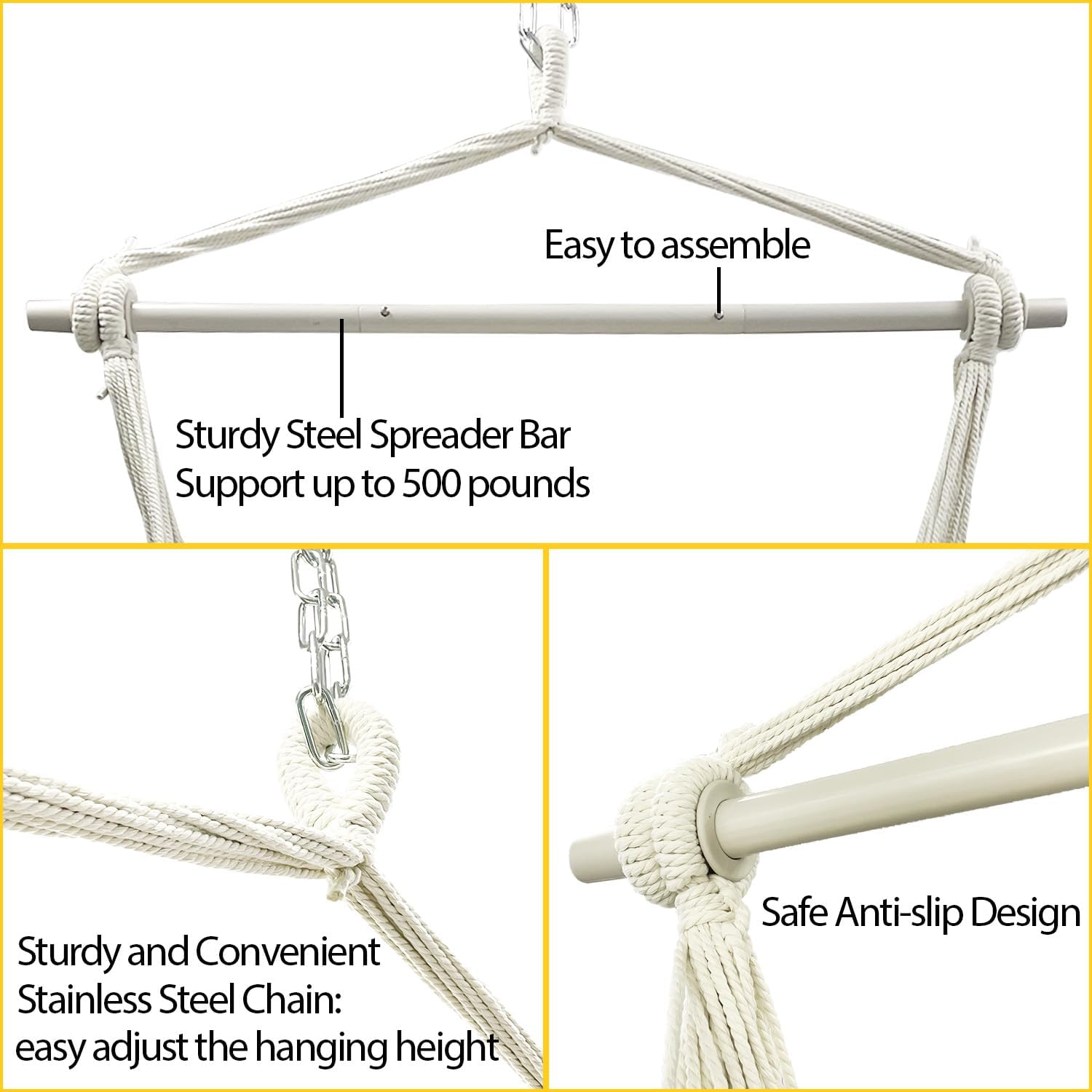 Sutekus Silla de hamaca colgante de cuerda con 2 cojines, silla hamaca colgante de cuerda con kit de accesorios de acero para patio al aire libre,
