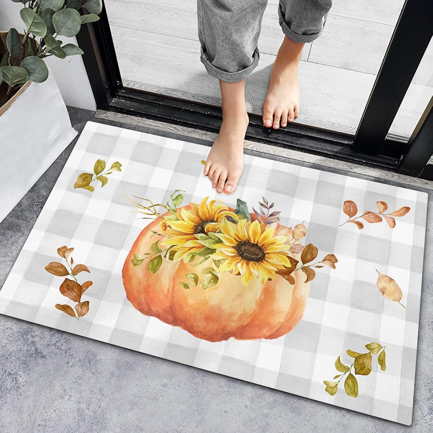 Bath Mat Non-Slip Indoor Doormats, Bath Rugs Sunflower and Pumpkin,Low-Profile Mats Kitchen Carpets for Home Bedroom Entrance Decor Maple Leaves on