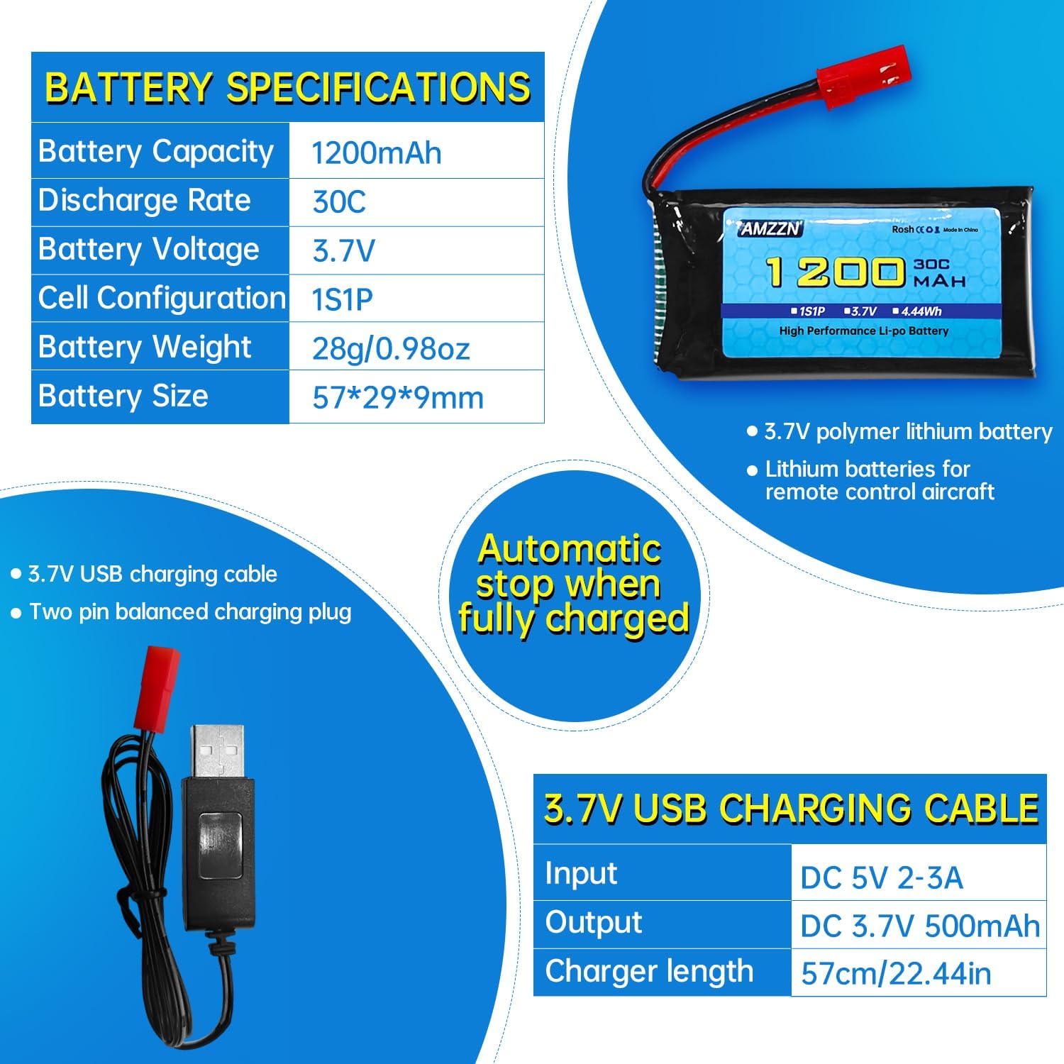 Batería Lipo de 3.7 V 1200 mAh 30C con cable de carga USB, enchufe JST para MJX T04 T05 T25 X900 X9TW V2400HD V2450FPV V2450GPS RC Drone Accesorios