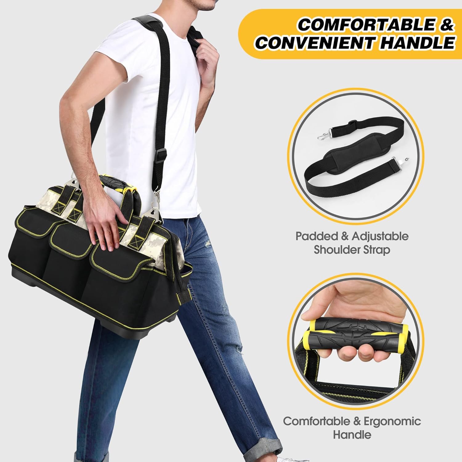 Toocust – Bolsa de herramientas, base moldeada impermeable de 15 pulgadas, bolsa de herramientas de boca ancha con múltiples bolsillos, parte