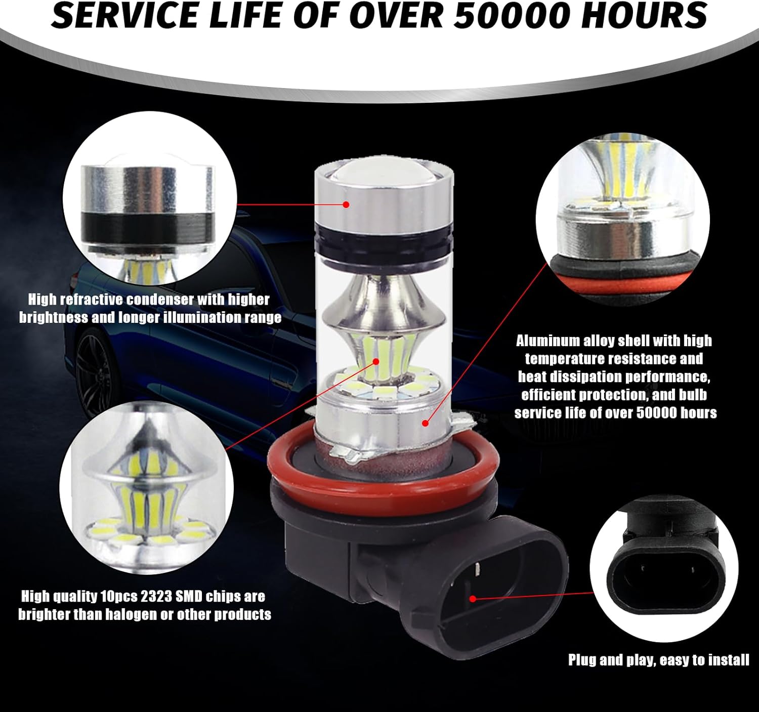 2 luces antiniebla LED H8H11 para automóvil, 20 LED, 100 W, 1000 lm, luz blanca súper brillante, luz de haz bajo, Plug and Play 360 grados DRL,