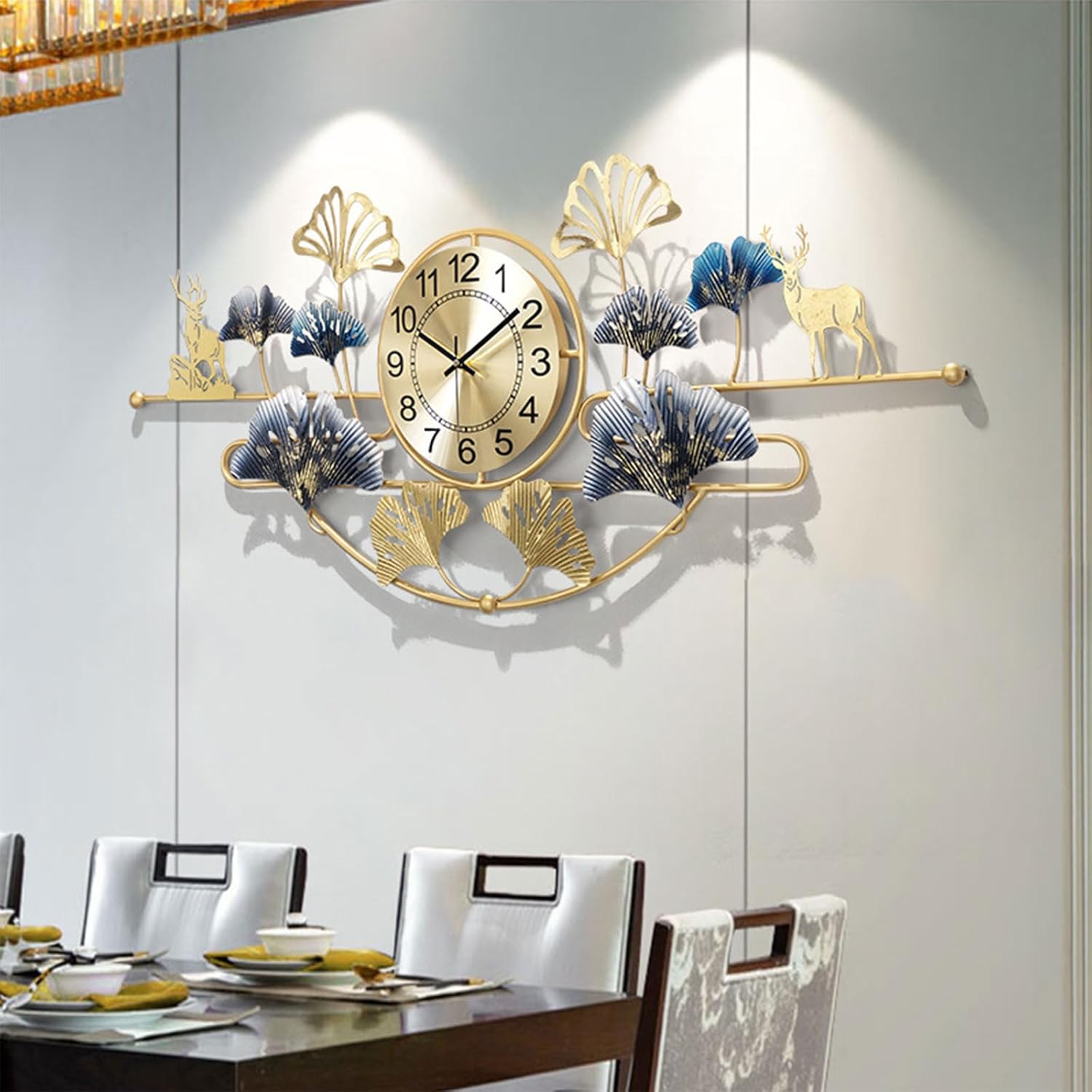 Reloj de pared grande silencioso con diseño de hoja de ginkgo de metal creativo, funciona con pilas, para decoración de sala de estar, dorado, 40