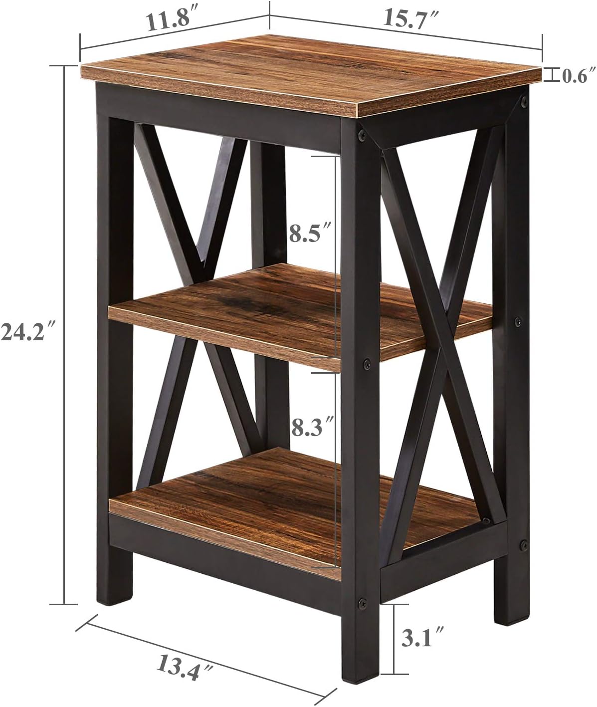 VECELO Mesita de noche mesa auxiliar con estante de almacenamiento de 3 niveles para sala de estar, dormitorio, marco de acero estable, fácil