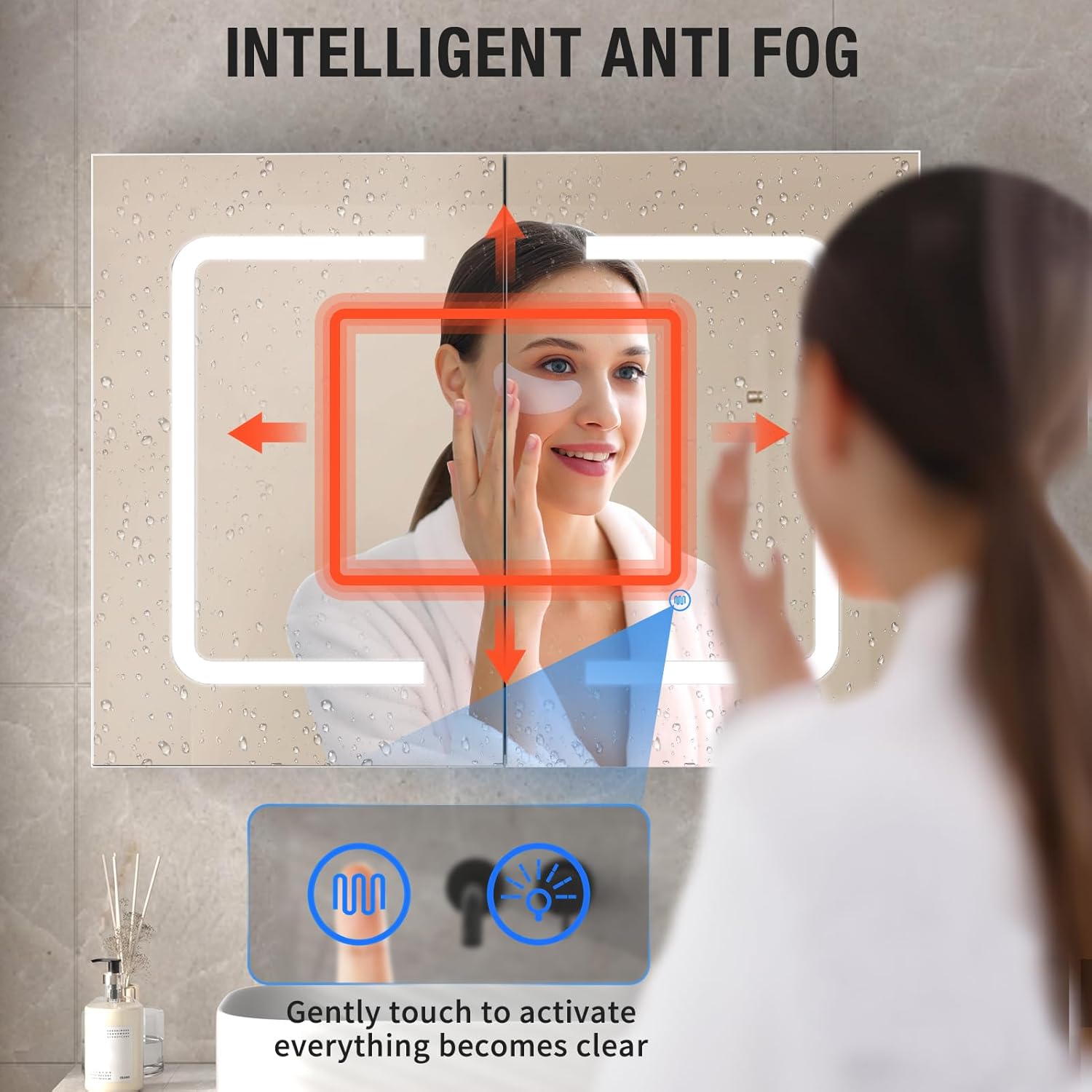 Espejo de baño con almacenamiento, botiquín de baño con espejo de montaje en pared, espejo LED, botiquín de medicina, 3 colores, atenuador infinito,