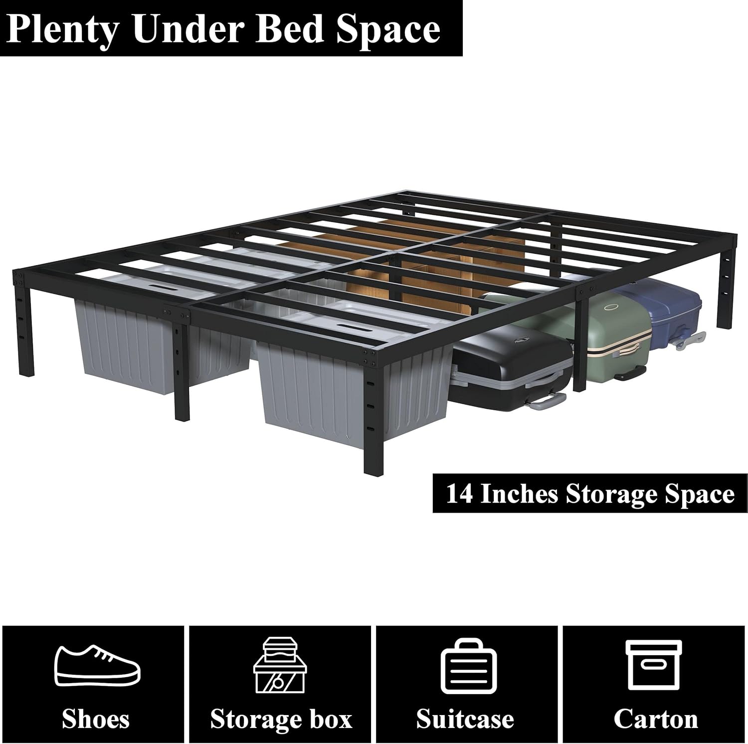 Base de cama California King de 16 pulgadas, no necesita somier, base de cama California King con almacenamiento de 14 pulgadas, soporte de listones