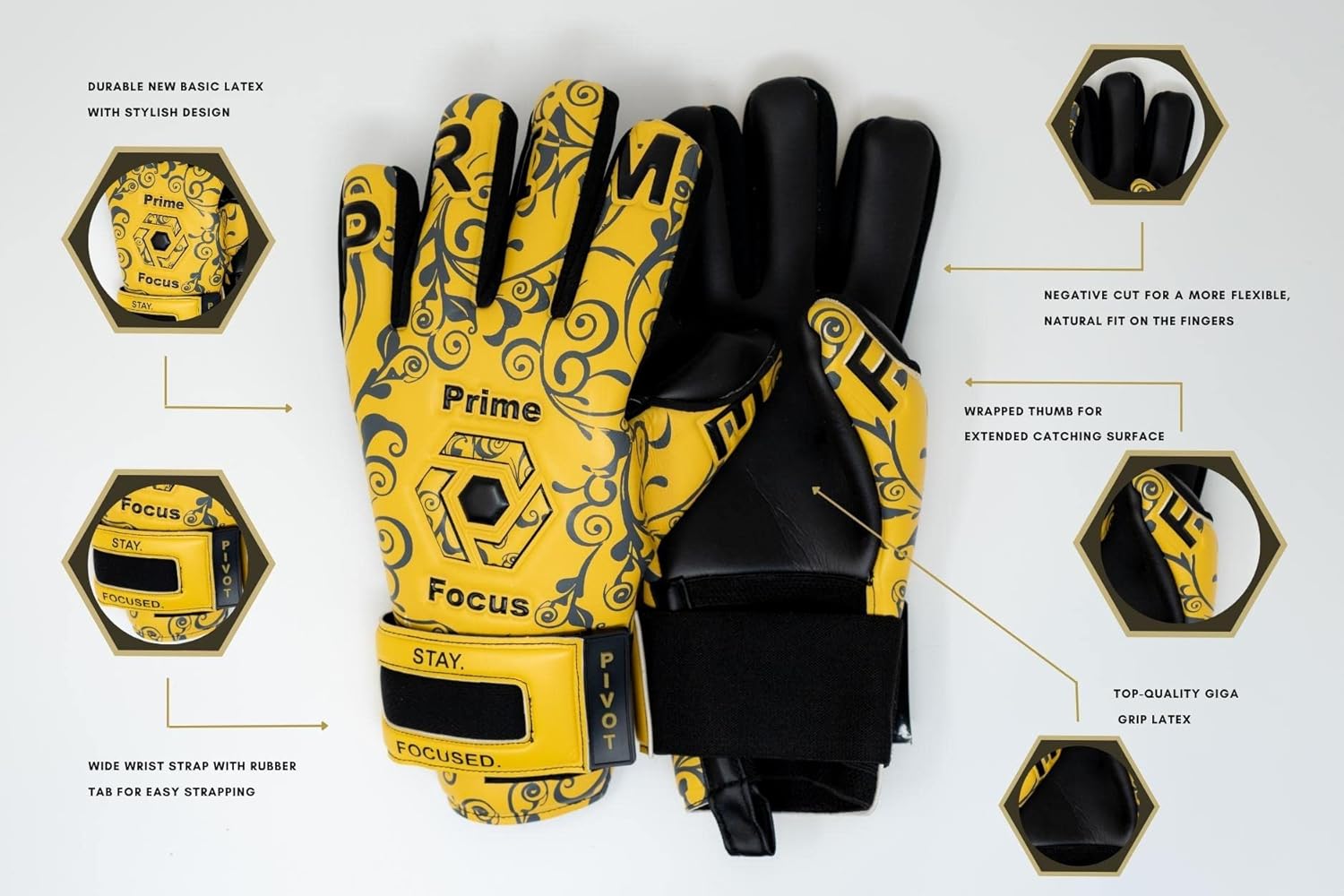 Prime Focus Goalkeeping Pivot Gold – Guantes de portero para jóvenes y fútbol para adultos (tallas 6-10), guantes de portero de calidad profesional,