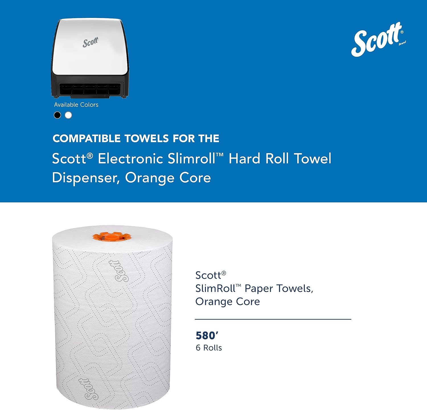 Scott Dispensadores automáticos de toallas Slimroll (47259), blanco, para toallas Slimroll Orange Core Scott, 11.8 x 12.35 x 7.25 pulgadas (1 unidad)