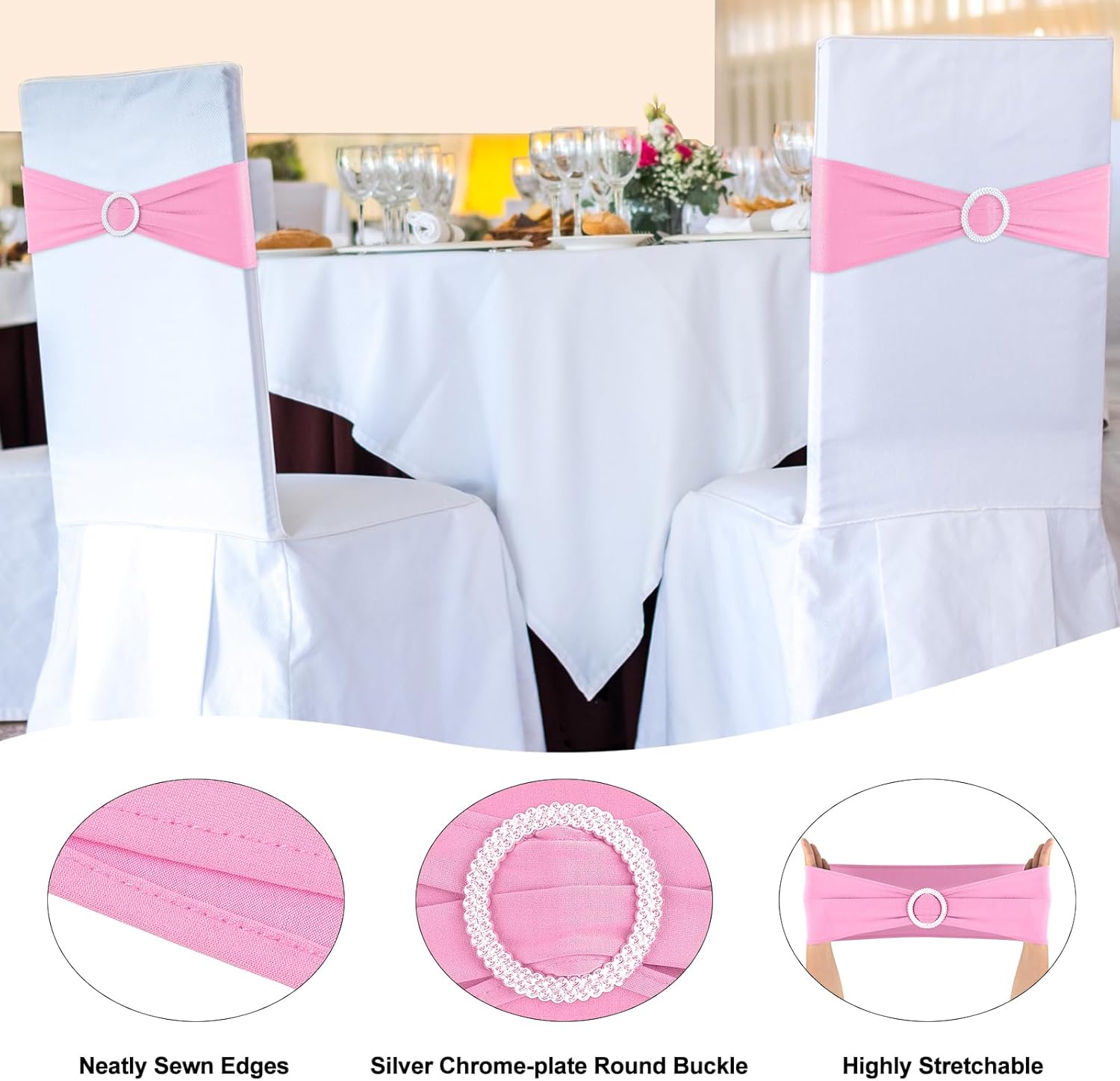 BOUBONI Paquete de 50 bandas elásticas de elastano para silla con hebillas para sillas plegables, bodas, fiestas, recepciones, baby shower, eventos,