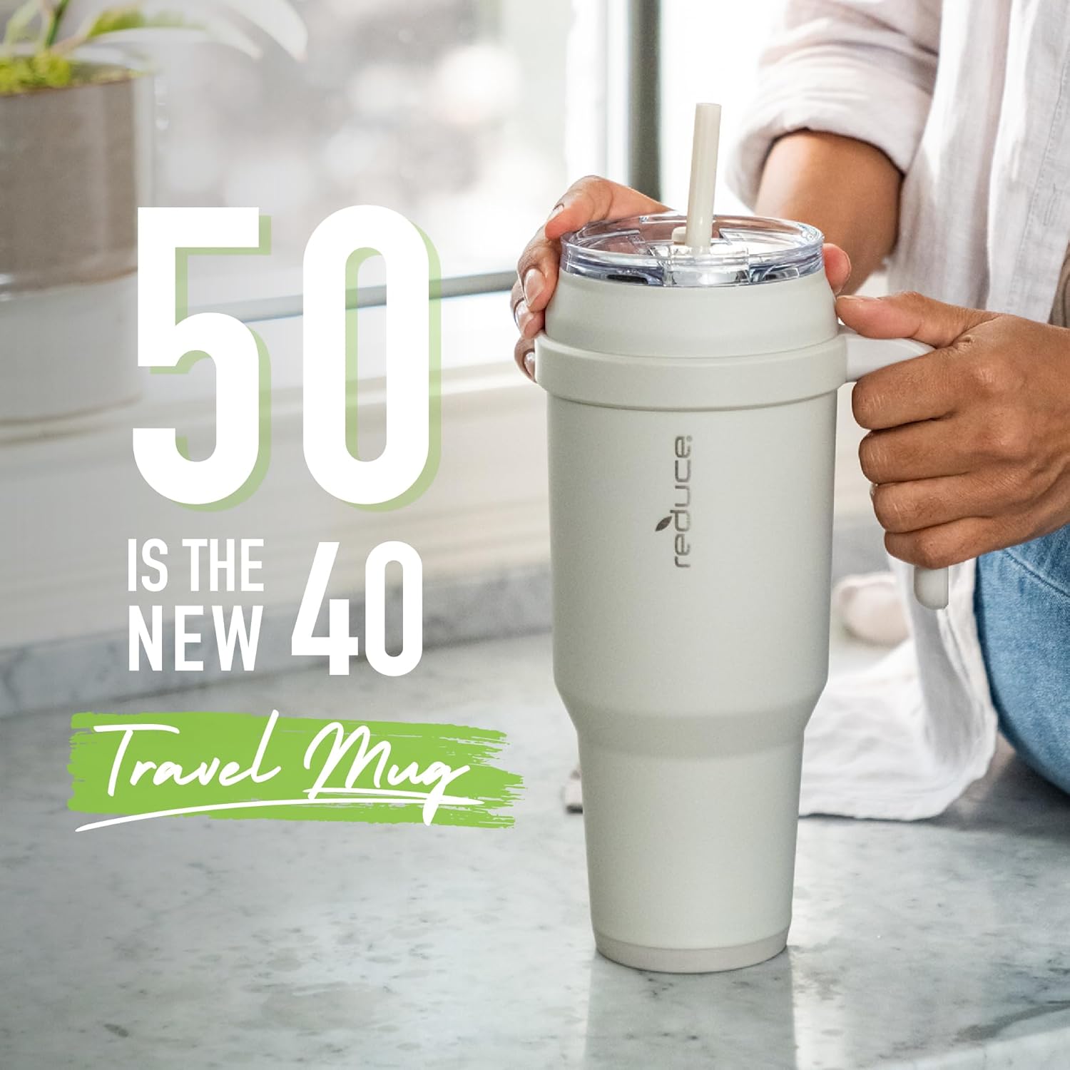 REDUCE Cold1 – Vaso de 50 onzas con asa, botella de agua de acero inoxidable aislada al vacío para el hogar, la oficina o el automóvil, taza