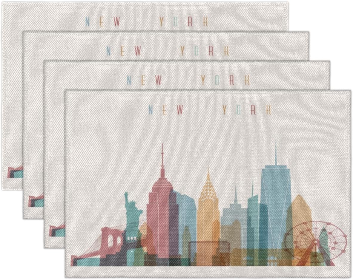 New York Cartoon Buildings – Juego de 6 manteles individuales cuadrados de tela para mesa de cocina, resistentes al calor, fáciles de limpiar,