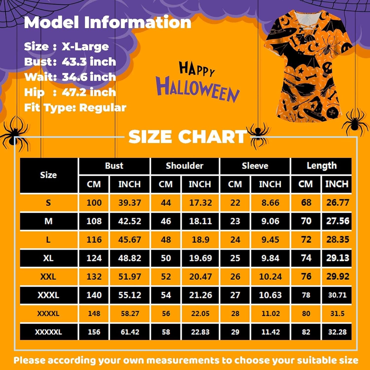 Blusa de manga corta para mujer, para Halloween, calabaza, manga corta, uniforme de trabajo, verano, cuello en V, blusa tipo túnica con bolsillo
