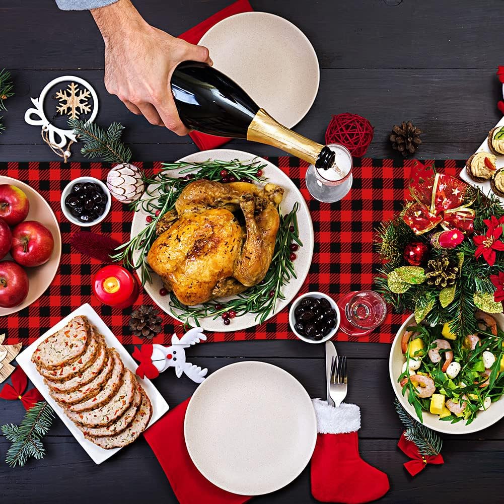 Camino de mesa navideño de muérdago y pino, búfalo a cuadros, mantel de temporada de invierno, Navidad, decoración de mesa de cocina, comedor para