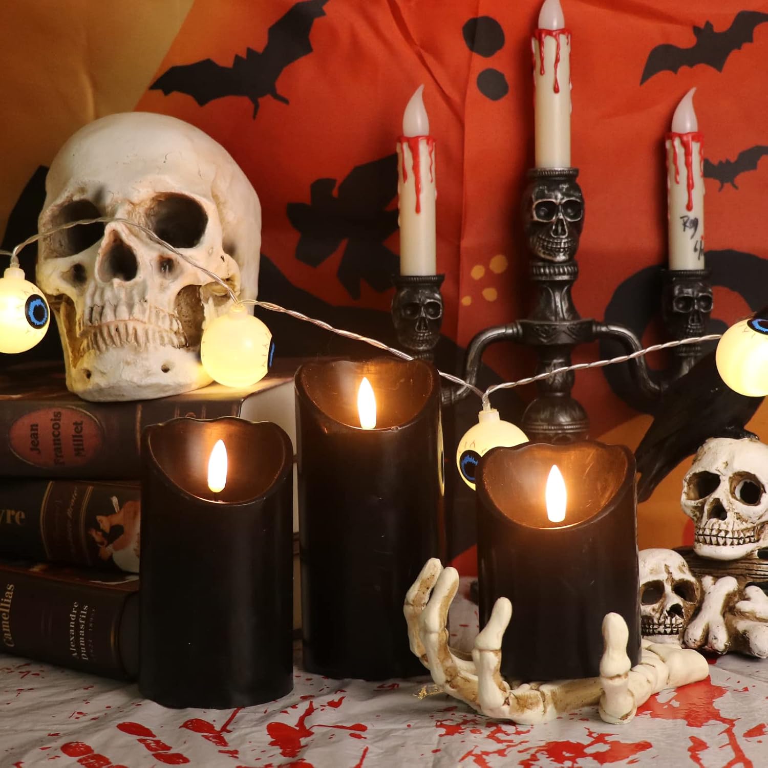 Eldnacele Velas parpadeantes sin llama de cera negra con temporizador de 6 horas, mecha 3D realista, funciona con pilas, juego de 3 velas LED para