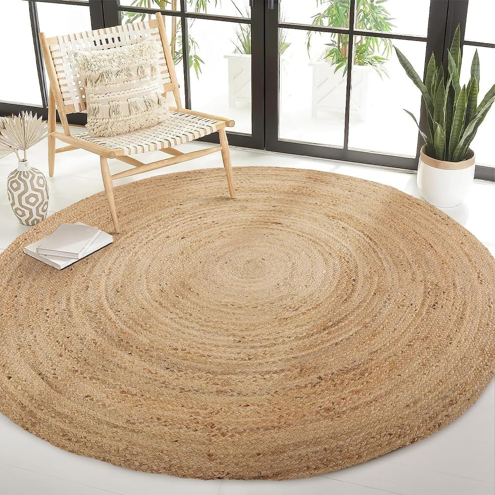 REDEARTH Alfombra redonda tejida a mano trenzada 100 % yute natural, hecha a mano, reversible, bohemio, yute para dormitorio, cocina, sala de estar,