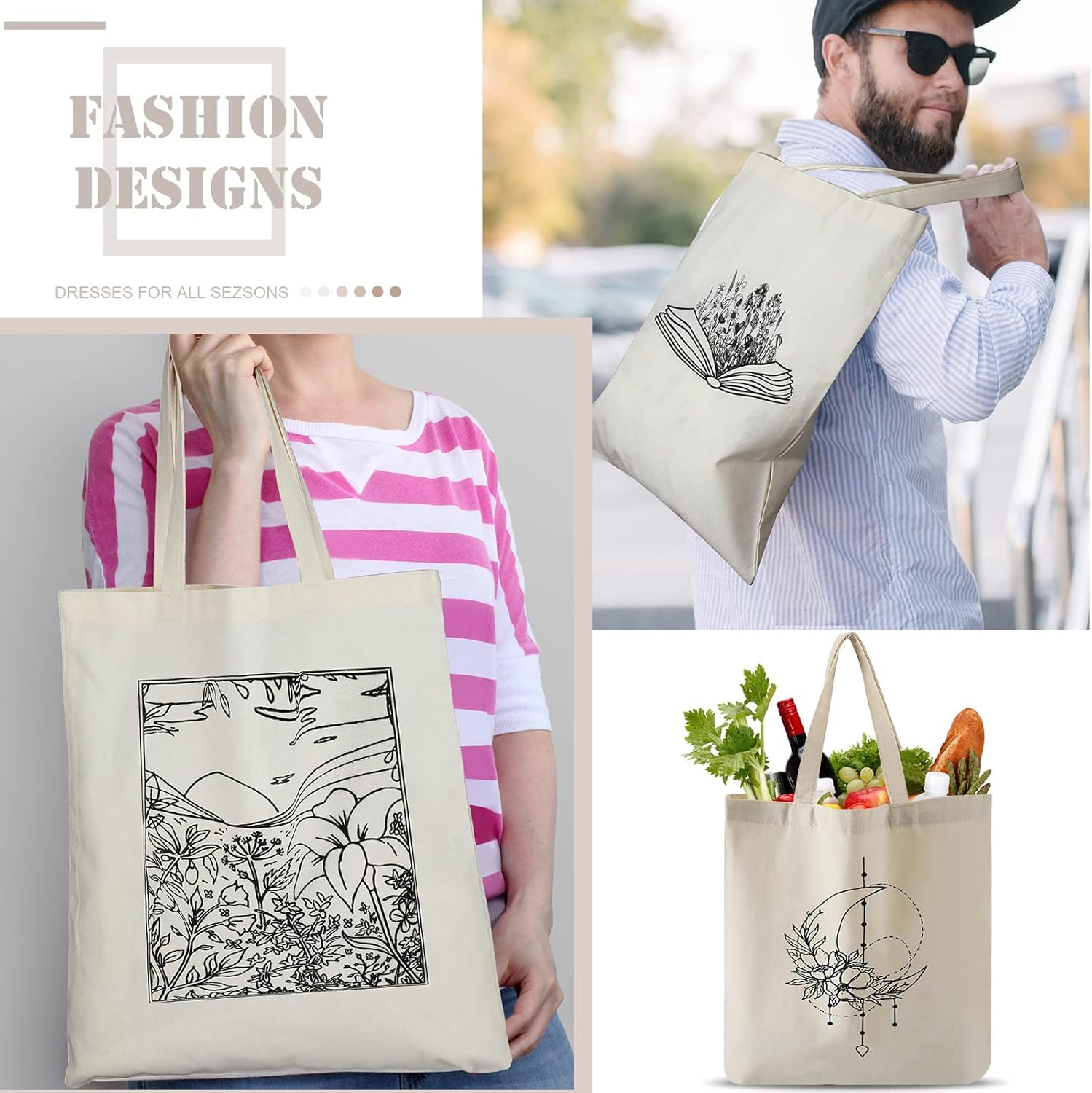 4 bolsas de lona para mujeres, diseño floral, gato, hongos, bolsa de compras reutilizable para niñas, regalo de Navidad (artístico)