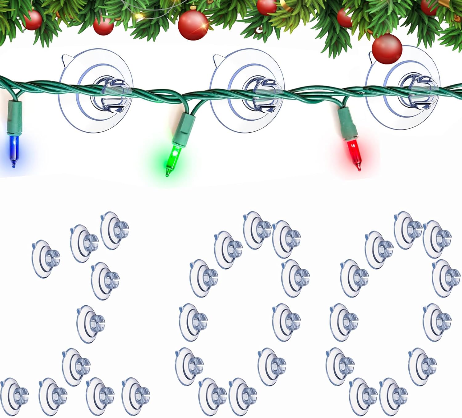 Profully 100 ventosas de cadena de luces de Navidad, mini soporte de ventosa de luz navideña, colgar luces de Navidad, ganchos para colgar tiras de