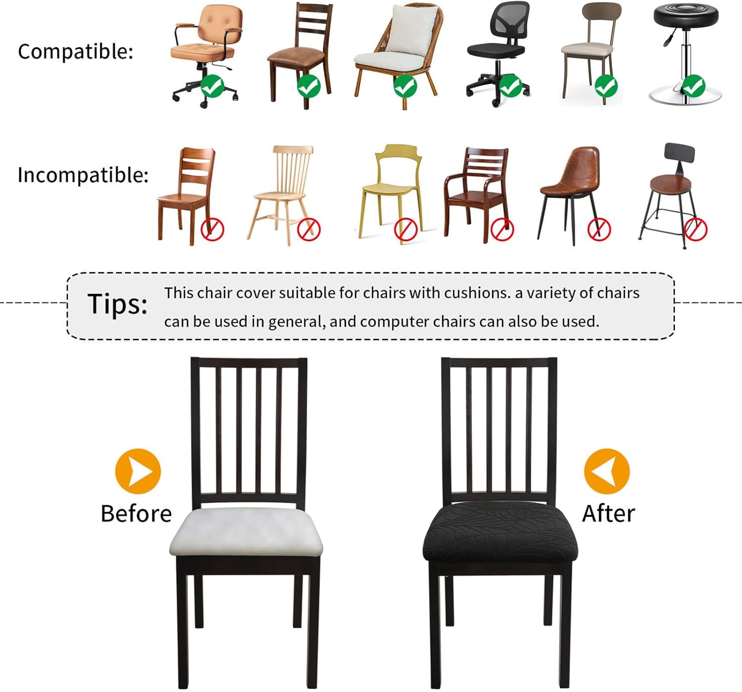 Juego de 6 fundas impermeables para asiento de silla de comedor, fundas de silla de jacquard elásticas, extraíbles y lavables para sillas de cocina,