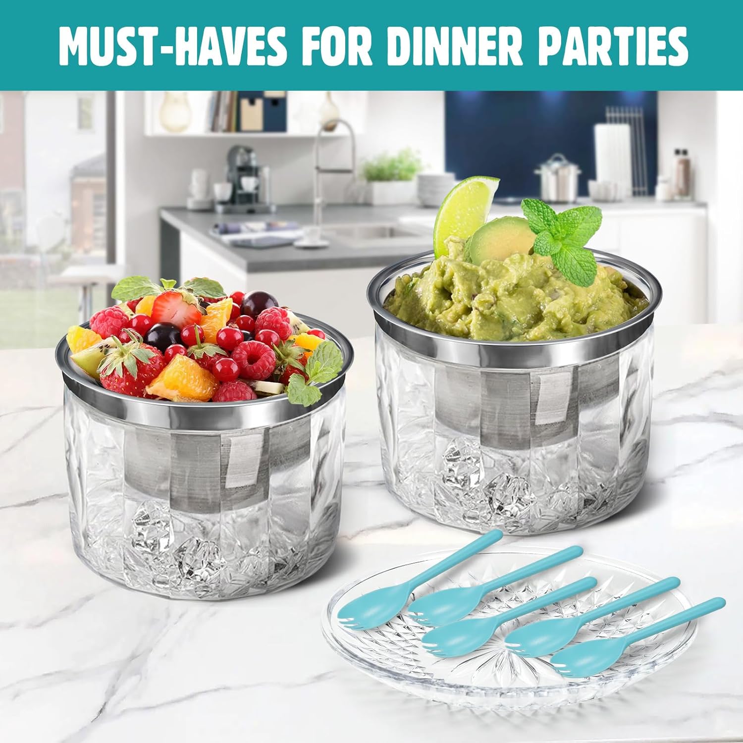 Cuencos de hielo para servir alimentos fríos, paquete de 2, platos enfriadores de inmersión de 25 onzas para salsas, salsa, guacamole, ensalada,