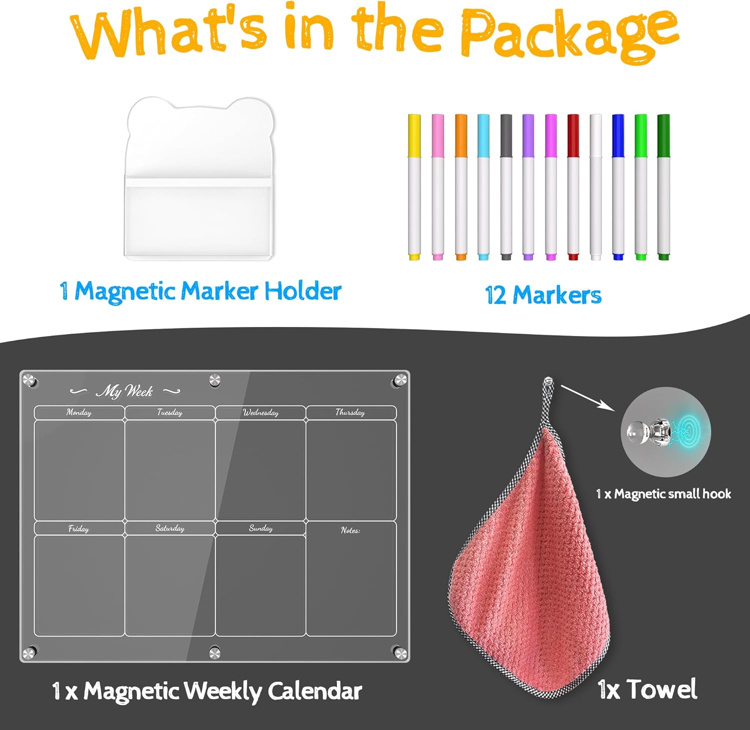 Calendario semanal magnético acrílico para refrigerador, 16 x 12 pulgadas, calendario transparente de borrado en seco para refrigerador, tablero