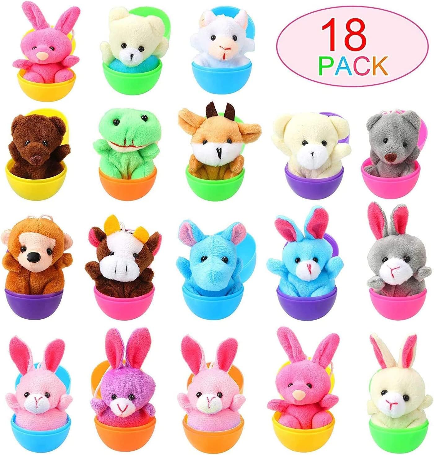 Paquete de 18 huevos de Pascua precargados con mini juguete de peluche, bonitos animales pequeños de peluche decoración para cestas de Pascua,