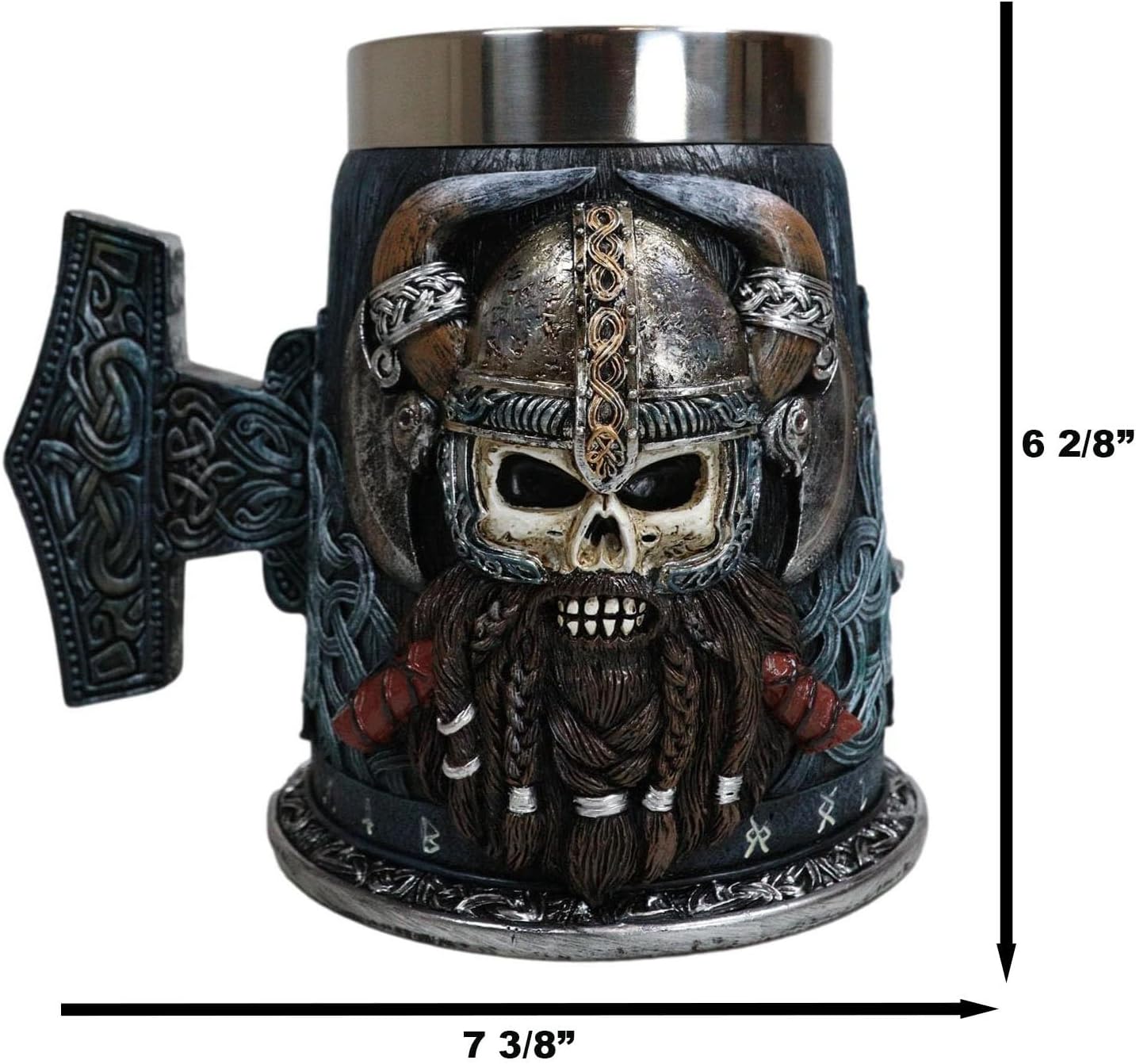 Ebros Gift Mitología nórdica gótica vikinga cráneo Ragnar Danegeld Warrior con casco de cuernos taza de café con martillo runa mango de nudos, taza
