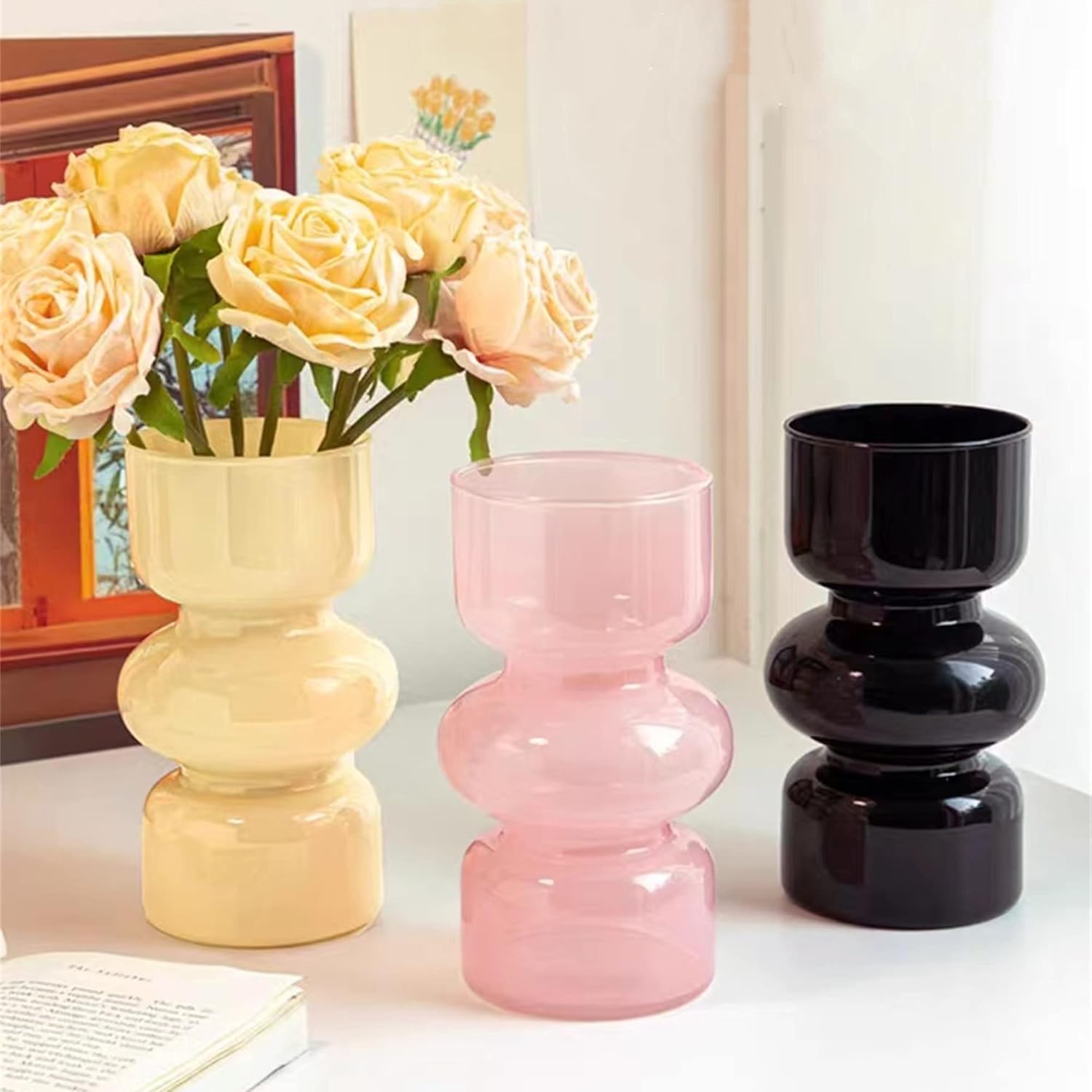 Florero hidropónico de vidrio, florero de burbujas de vidrio de color de 7 pulgadas de alto para flor, jarrón de vidrio funky de tres capas para el