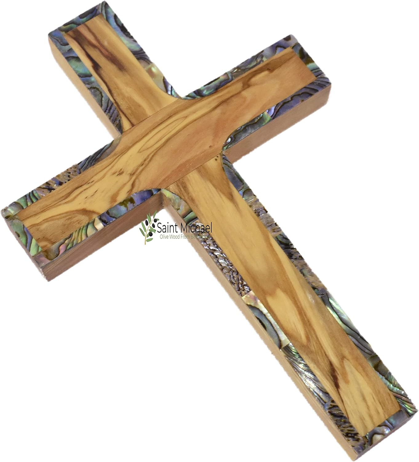 SAINT MICHAEL OLIVE WOOD FROM BETHLEHEM Cruz de pared de madera de olivo de 6 pulgadas con diseño de nácar, cruces de tierra santa de Belén