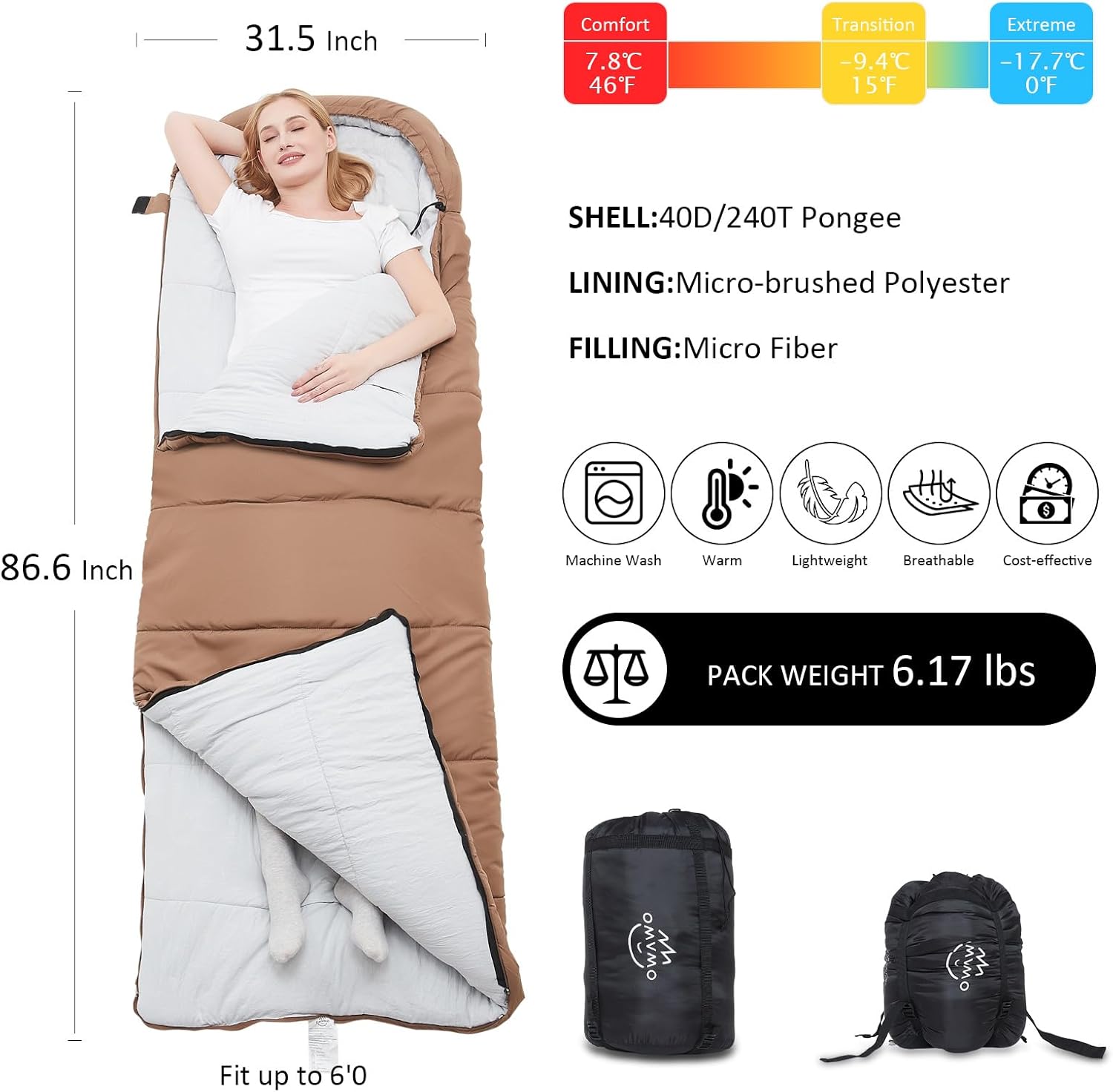 OMVMO 0 20 32 Degree Rectangular Sleeping Bags for Adult for Camping Hiking Backpacking,Compact Lightweight Cold Weather Sleeping Bag for Mens