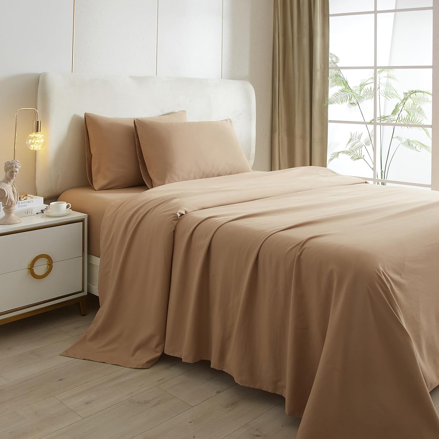 Juego de sábanas de 4 piezas, tamaño Queen, beige camello, refrescantes, sábanas y fundas de almohada, fácil ajuste, gran caída lateral de hasta 16