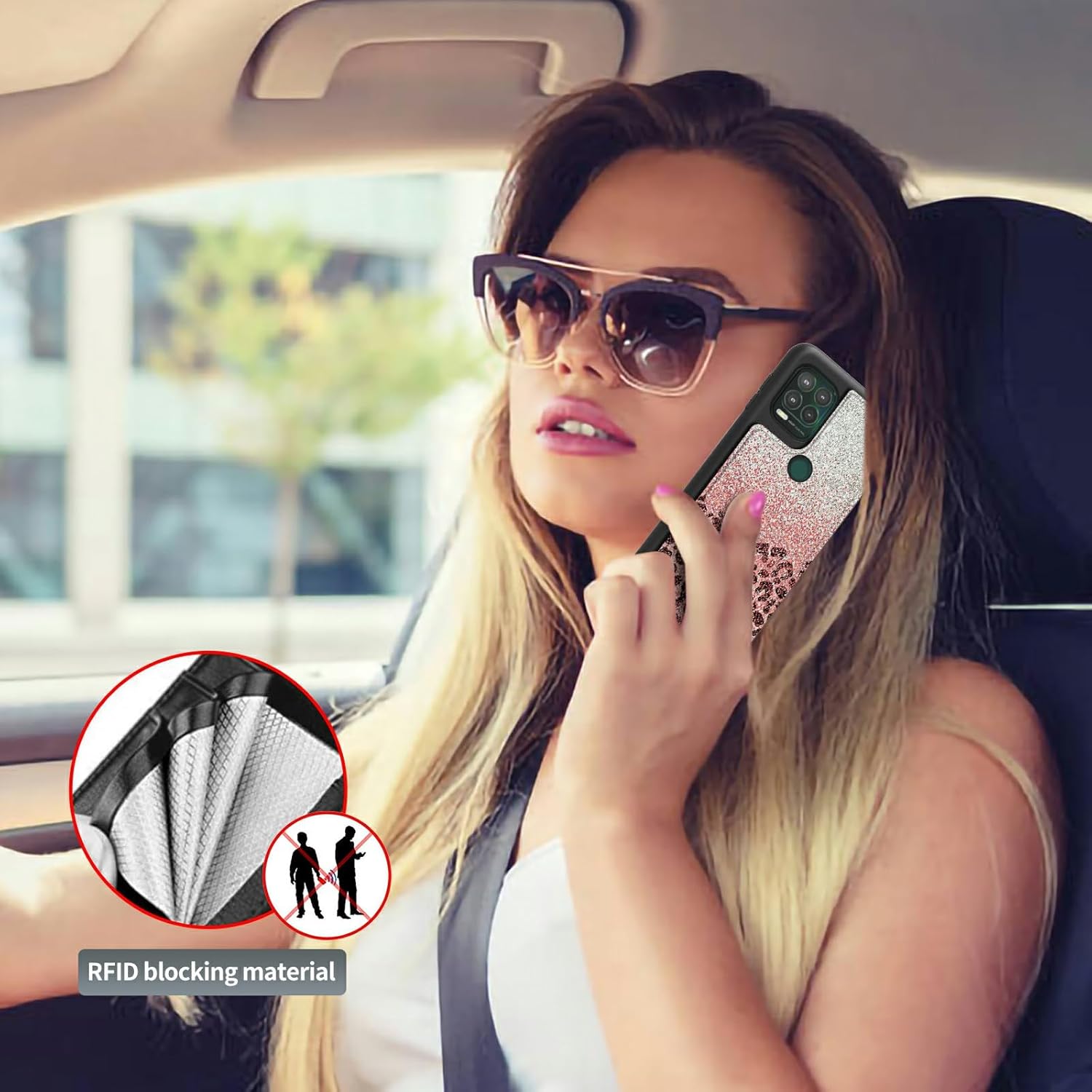 Funda tipo cartera con purpurina de leopardo rosa para Moto G Stylus 5G 2021 con soporte para tarjetas, bloqueo RFID, piel sintética suave, función