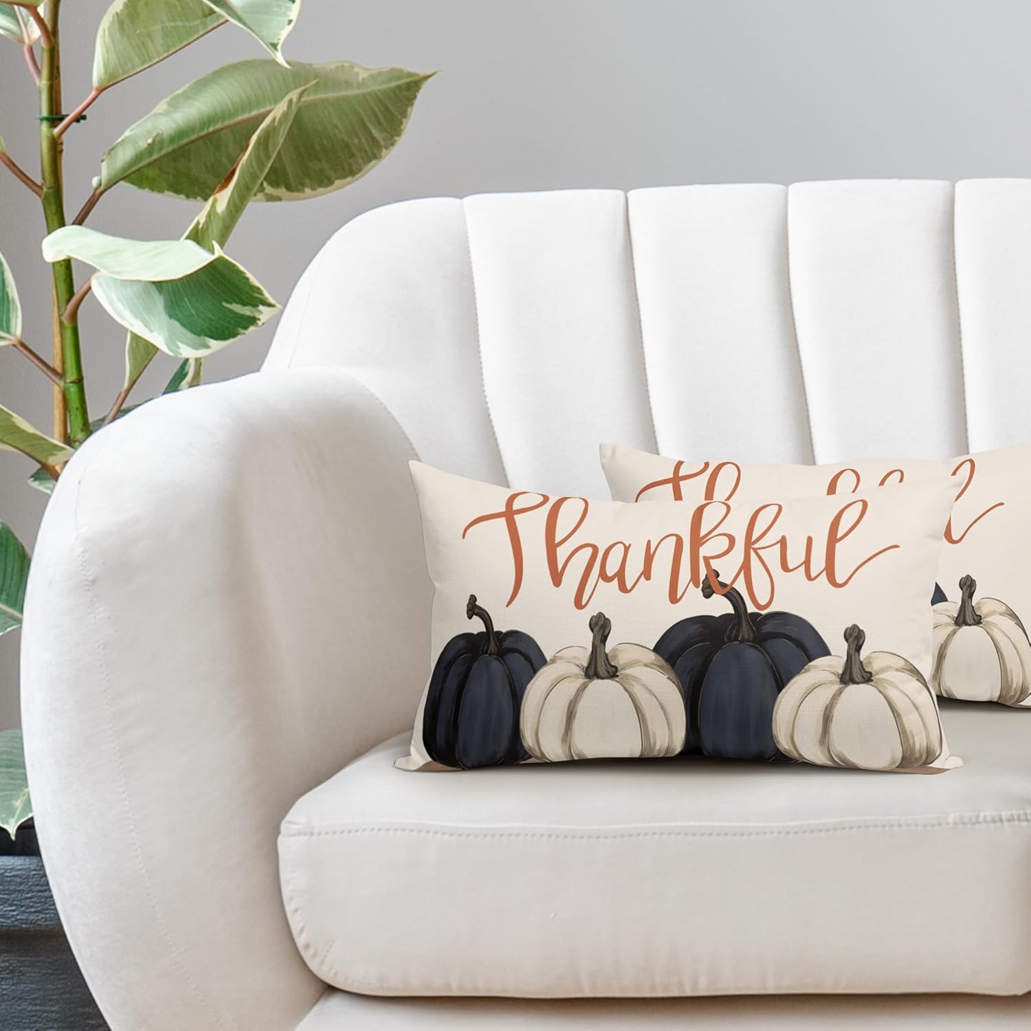 Juego de 2 fundas de almohada de calabazas azules y blancas decorativas de otoño de 12 x 20 pulgadas, juego de 2 fundas de almohada de otoño de