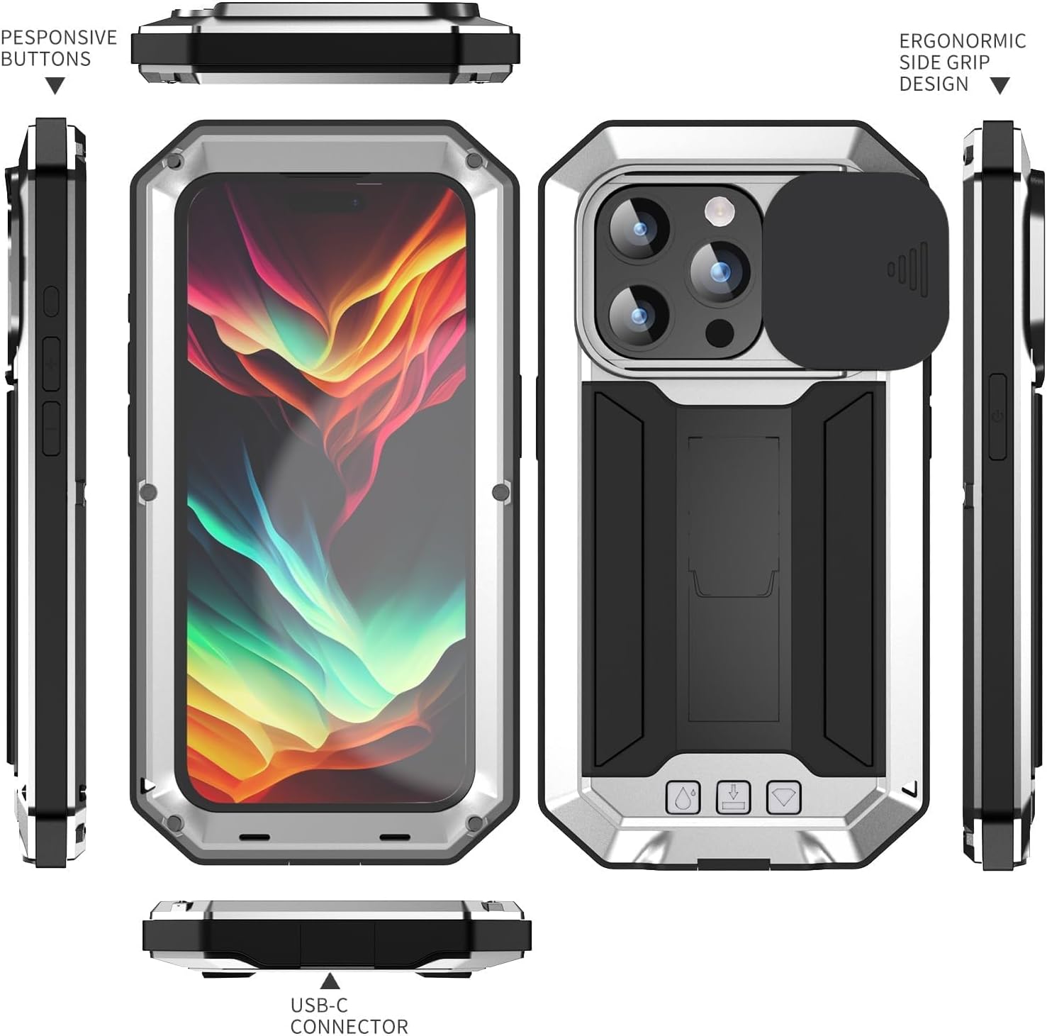 Funda de teléfono para iPhone 15 Pro Max con protector de pantalla de grado militar, cubierta de cuerpo completo, soporte de parachoques de metal,