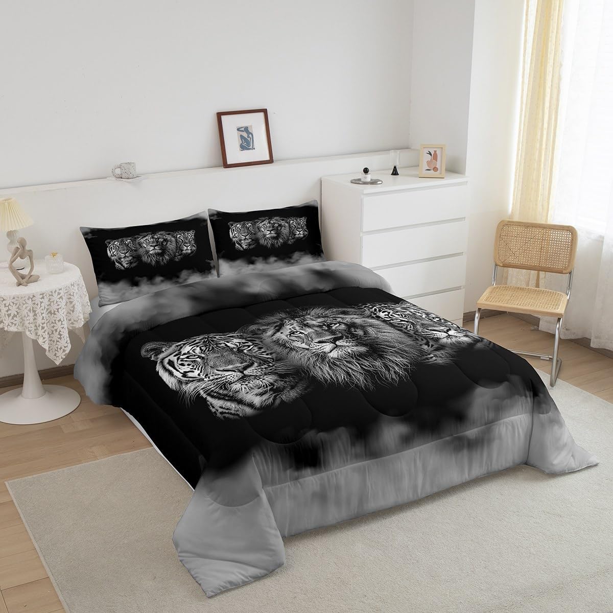 Juego de edredón de animales salvajes, tamaño Queen, juego de ropa de cama 3D de tigre, león, leopardo, 3 piezas para niños y hombres, decoración