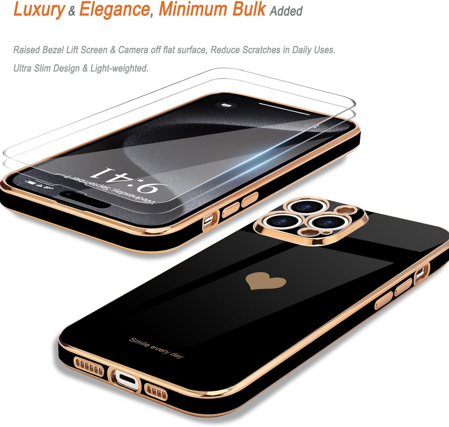 Teageo Funda para iPhone 15 Pro Max con protector de pantalla 2 unidades para niñas y mujeres, diseño de corazón de amor femenino de lujo, funda