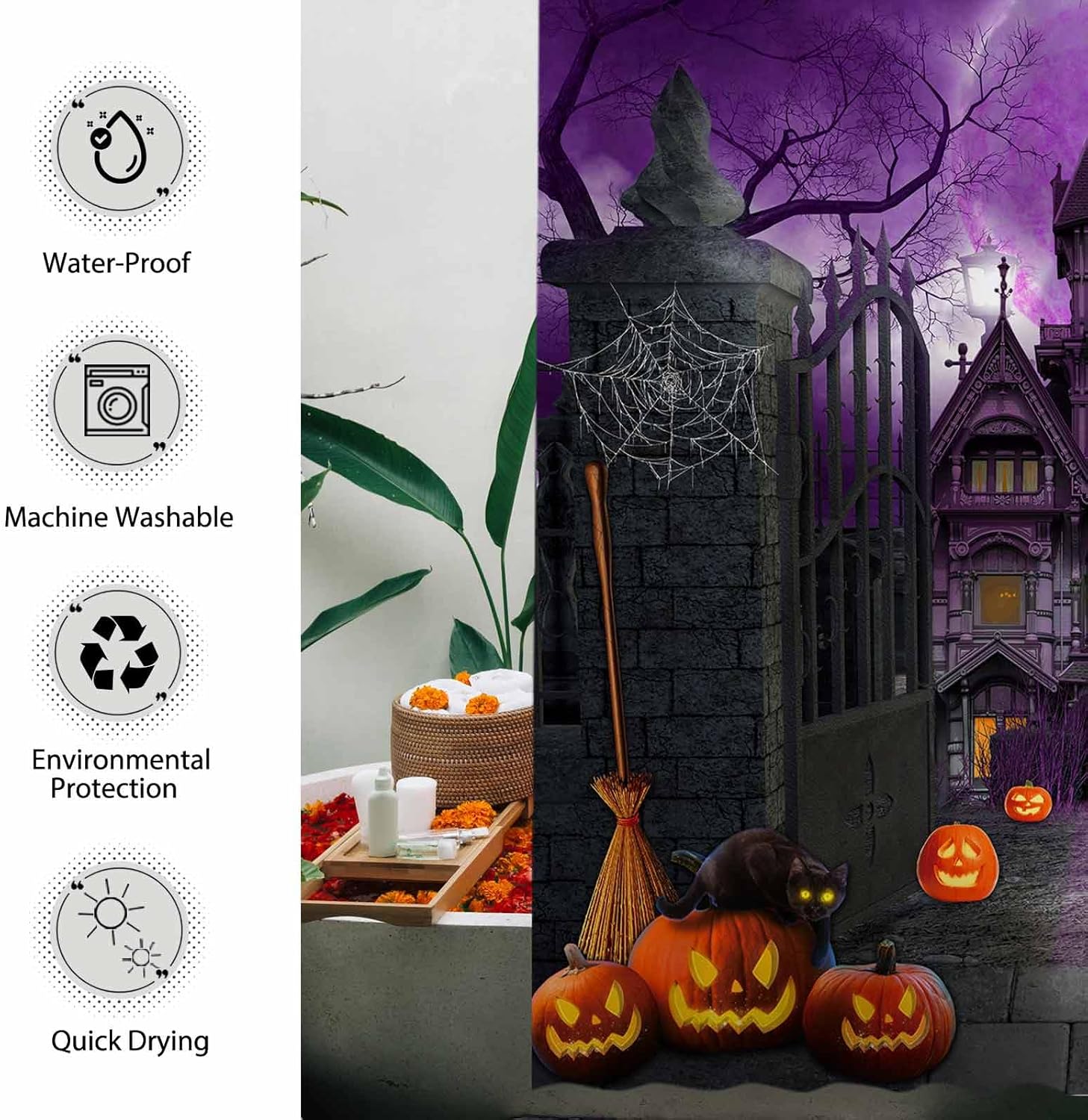 Allenjoy Cortina de ducha de Halloween de 72 x 72 pulgadas para baño, juego de cortina de ducha de noche aterradora, luna gótica, casa encantada,